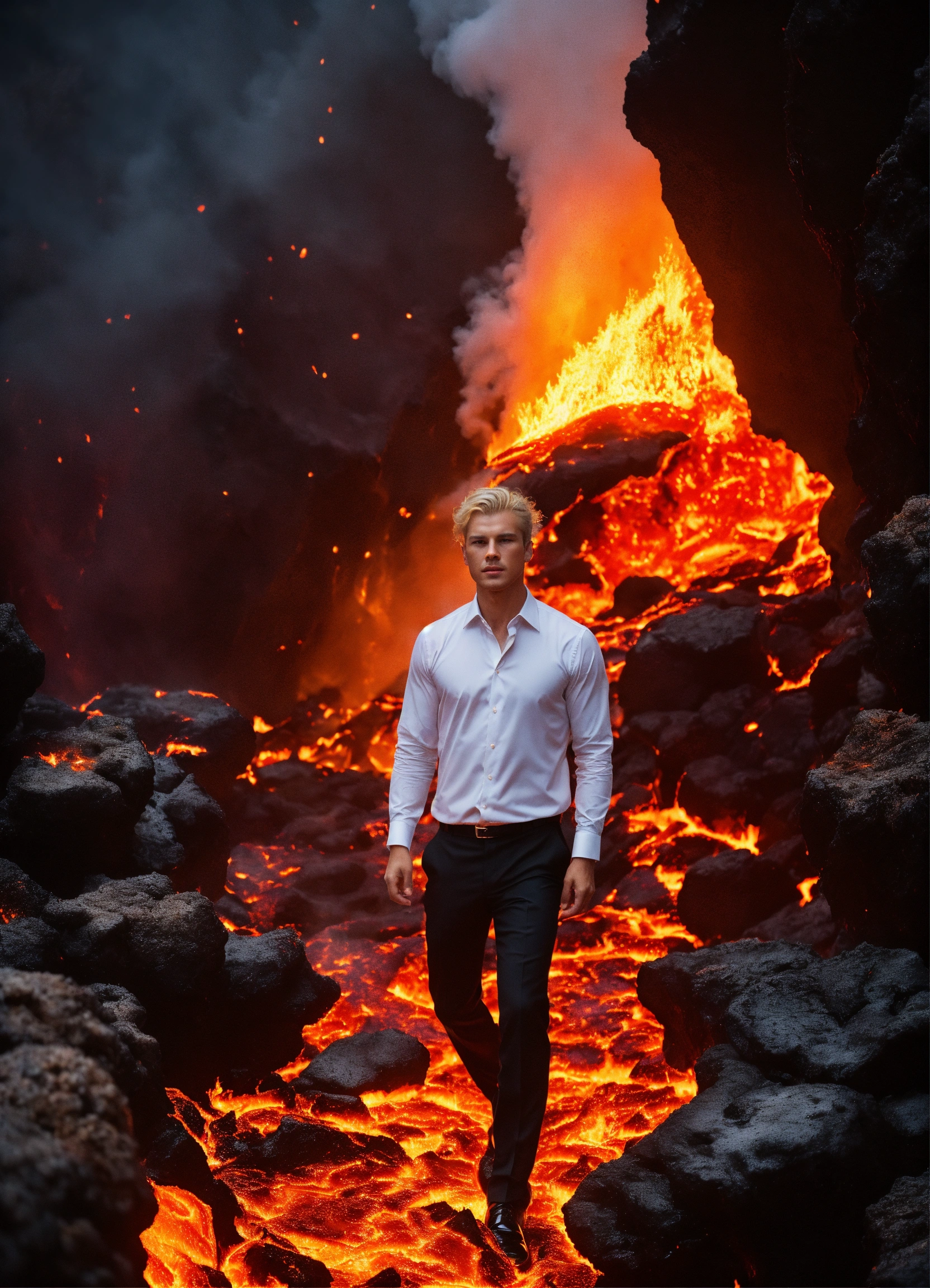 Lexica - Dark cave with lava, and a man who is dressed in white formal ...