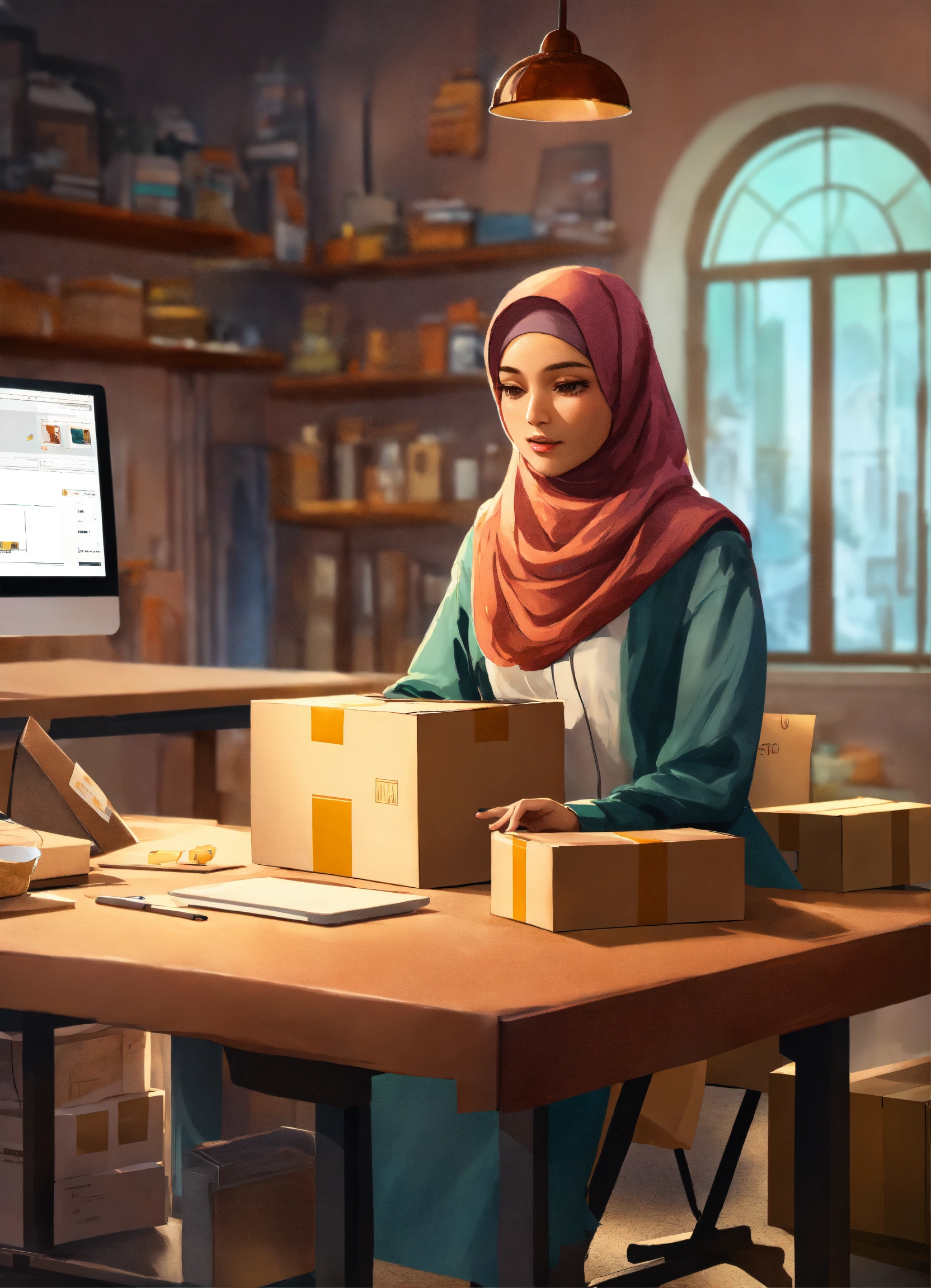 Lexica - A woman with hijab is working at a table with her laptop ...