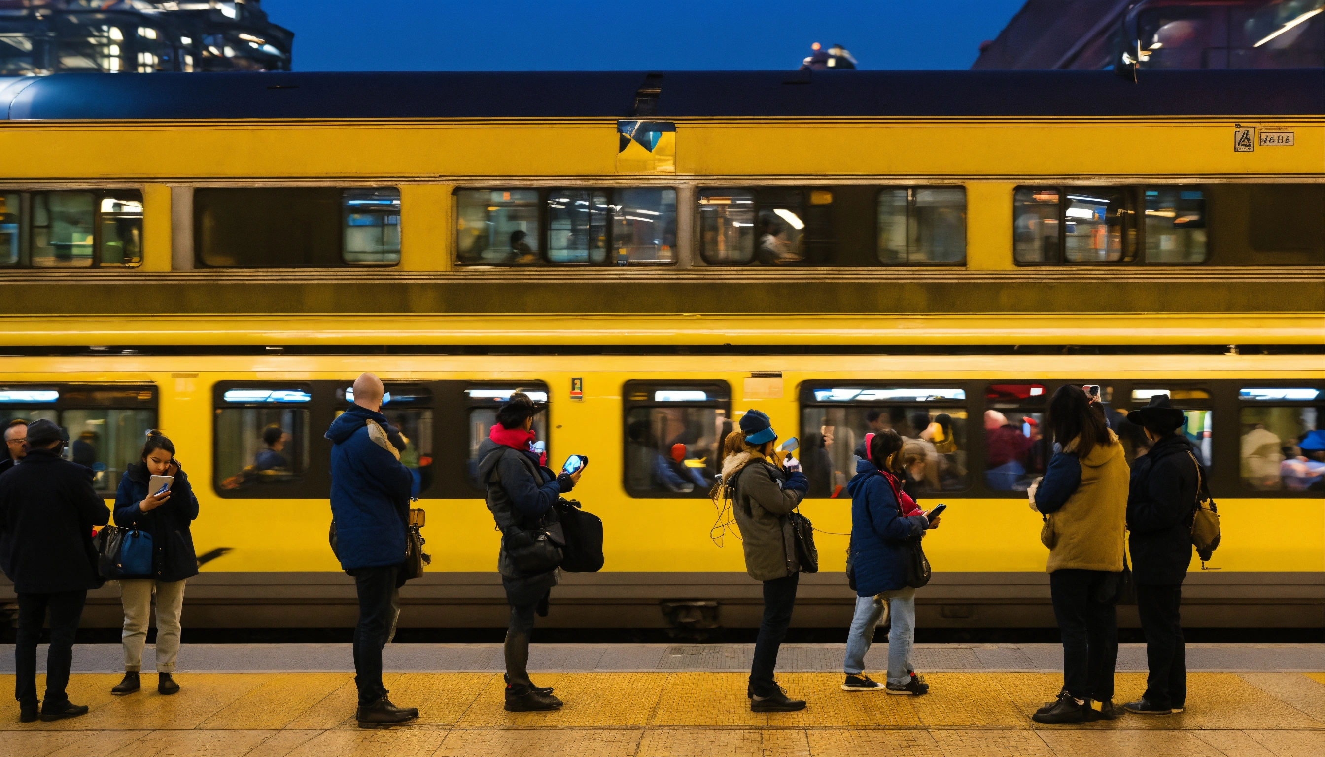 Lexica - Many different people on cell phones waiting for a train