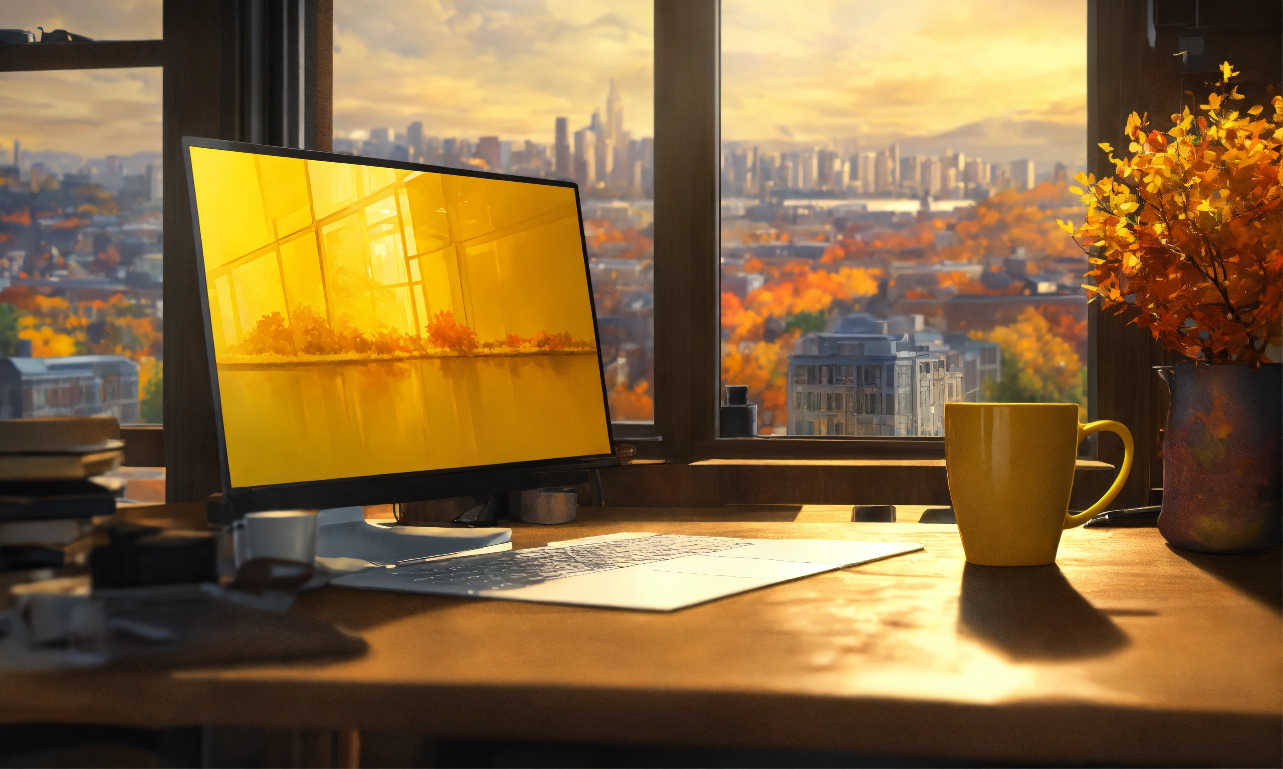 Lexica - Realistic image style. There is a yellow mug on the table in ...