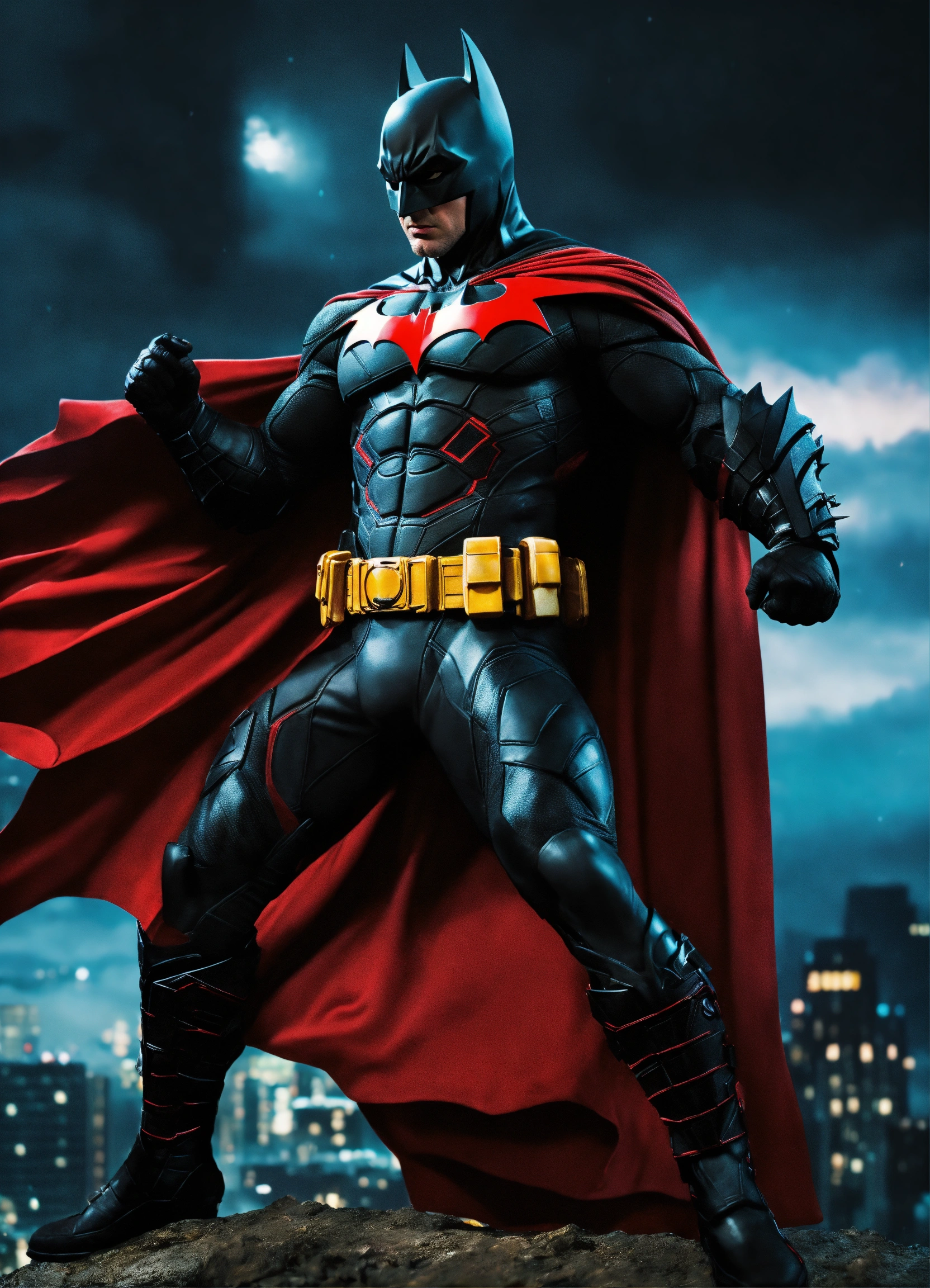 Lexica - Batman traje negro con rojo y arma en la mano realista HD pose de  pelea