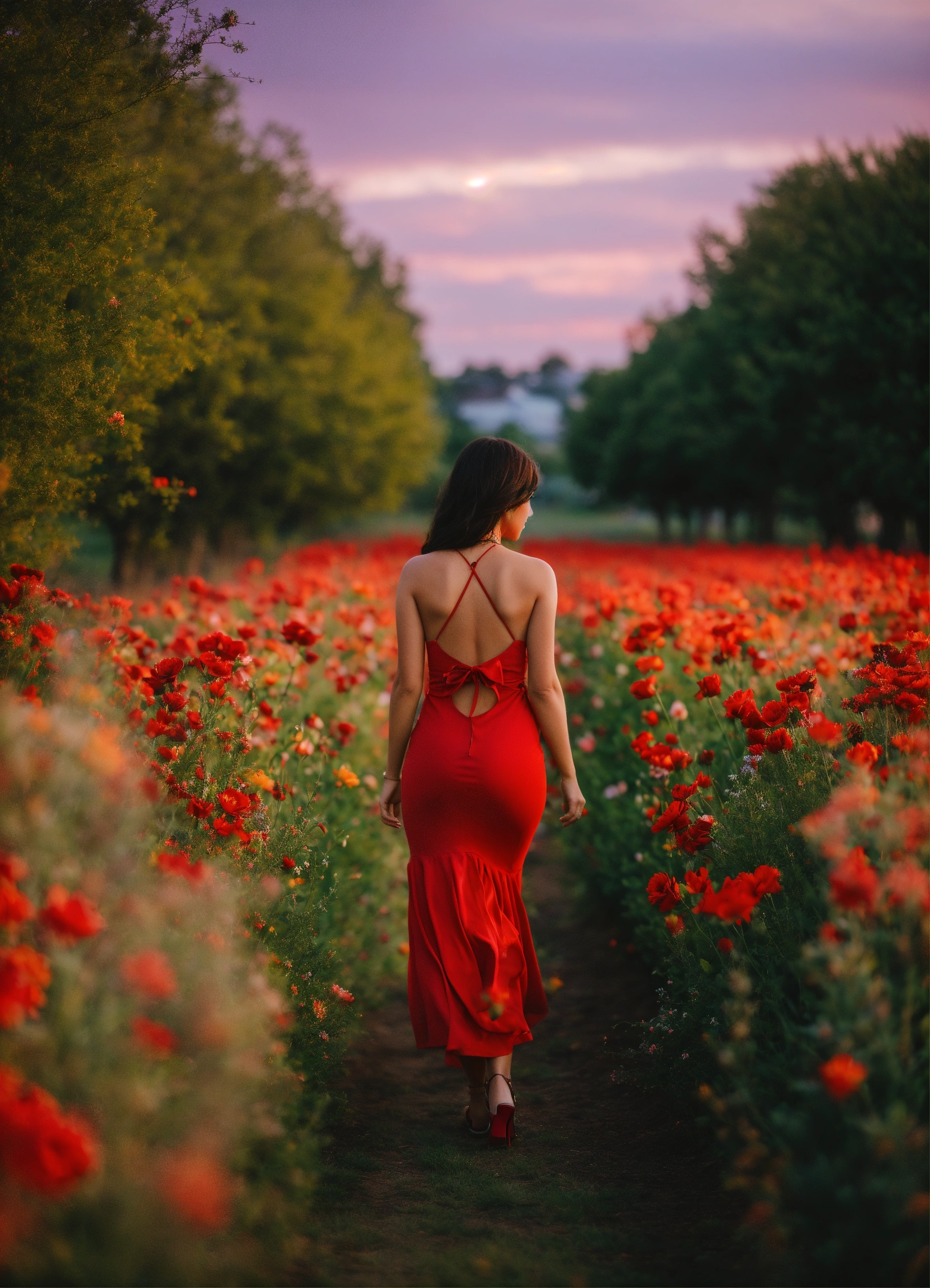 Lexica - A Woman in a red dress walking at dusk through a field with ...