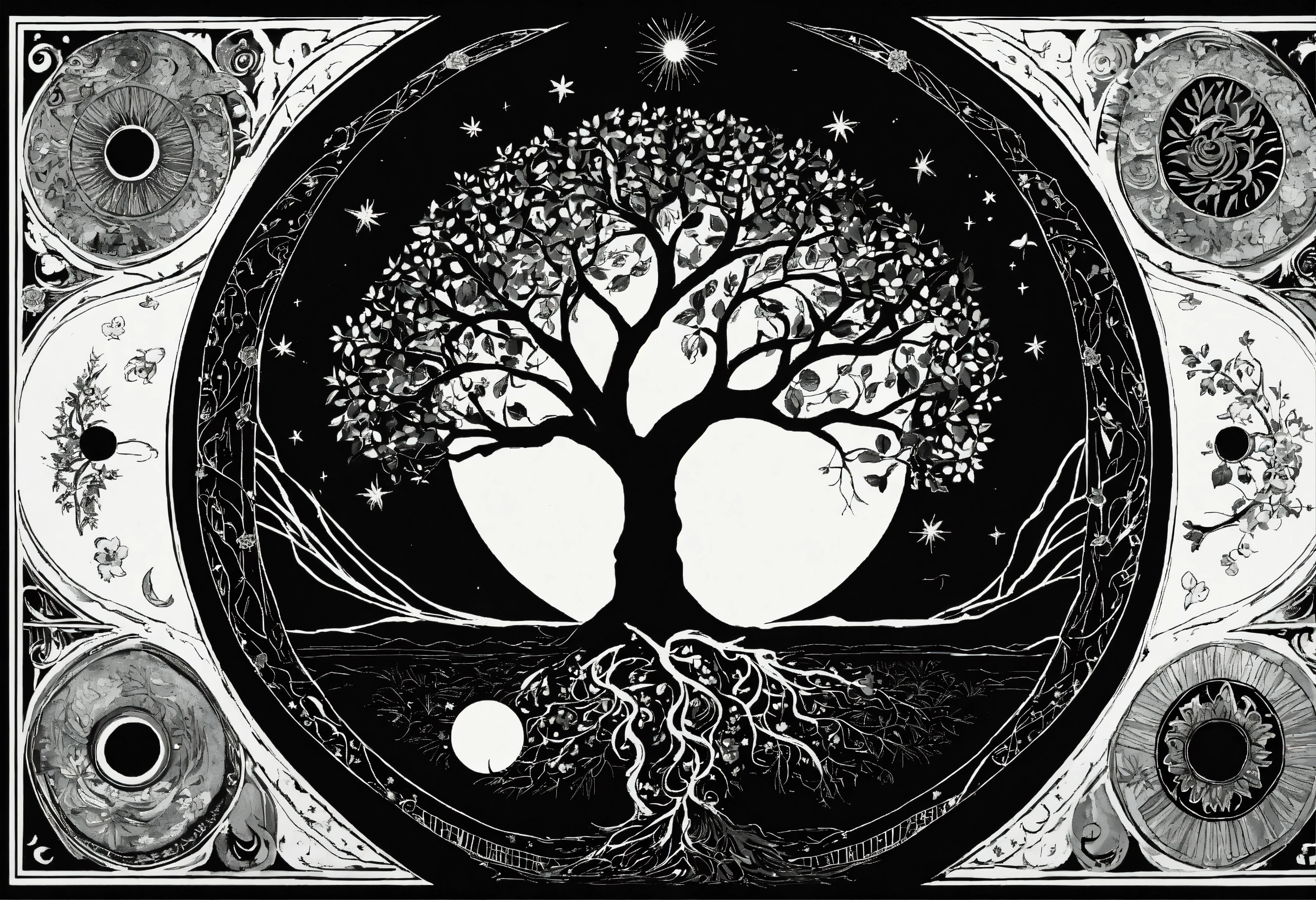 Lexica - Tree of life black and white no leaf with moon sun and stars
