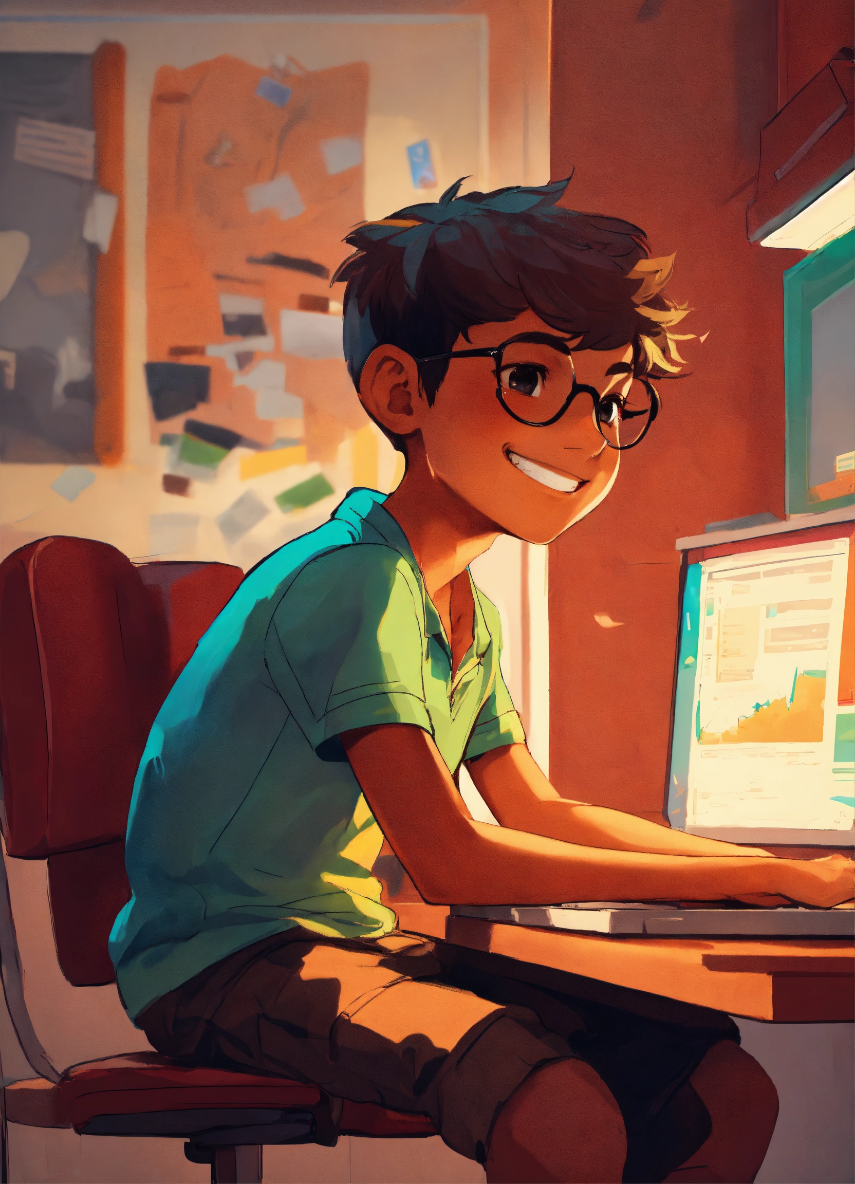 Lexica - A boy sits confidently in front of a computer, a satisfied ...