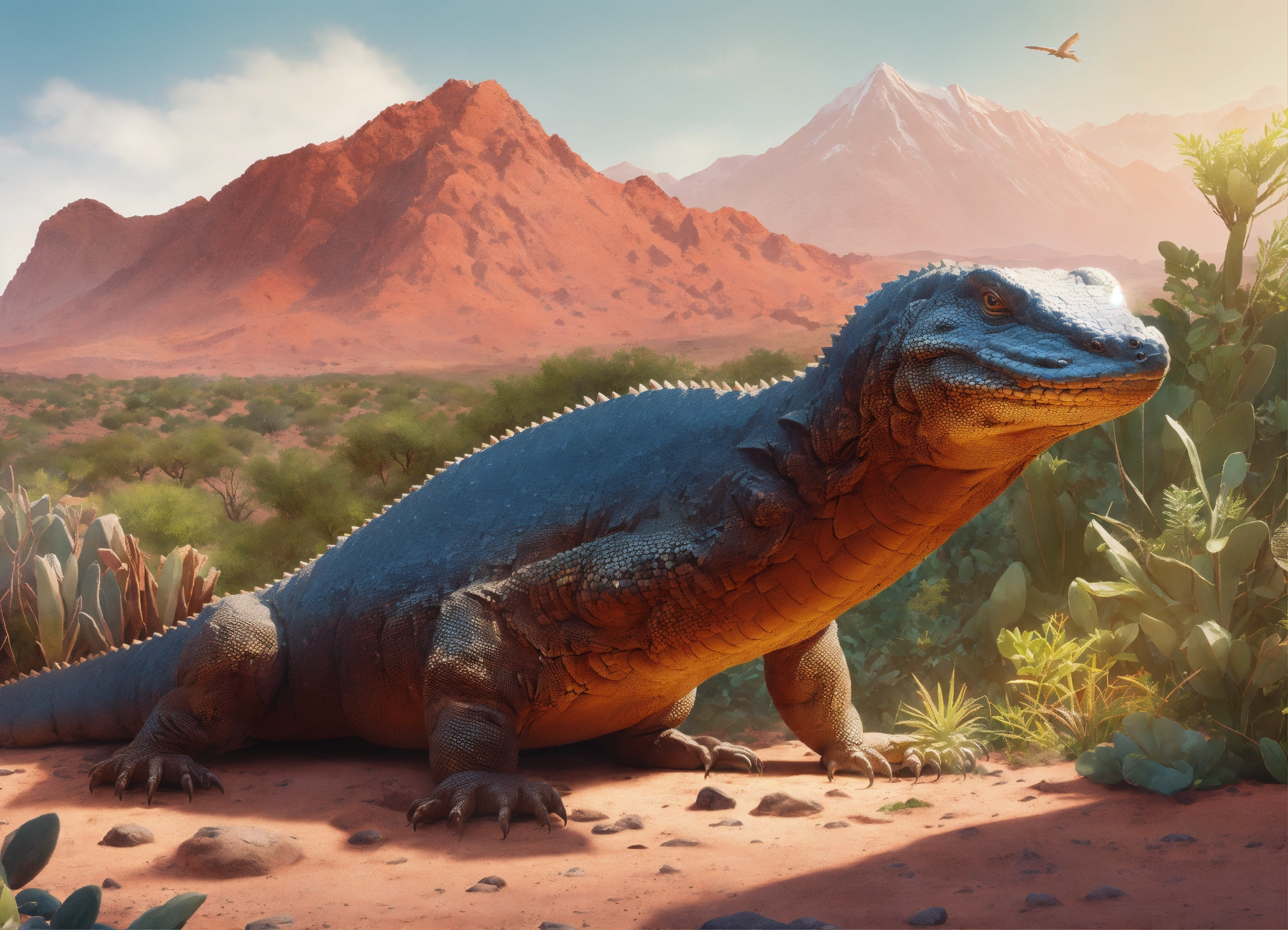 Lexica - Concept art of a big monitor lizard sitting on a rock in an ...