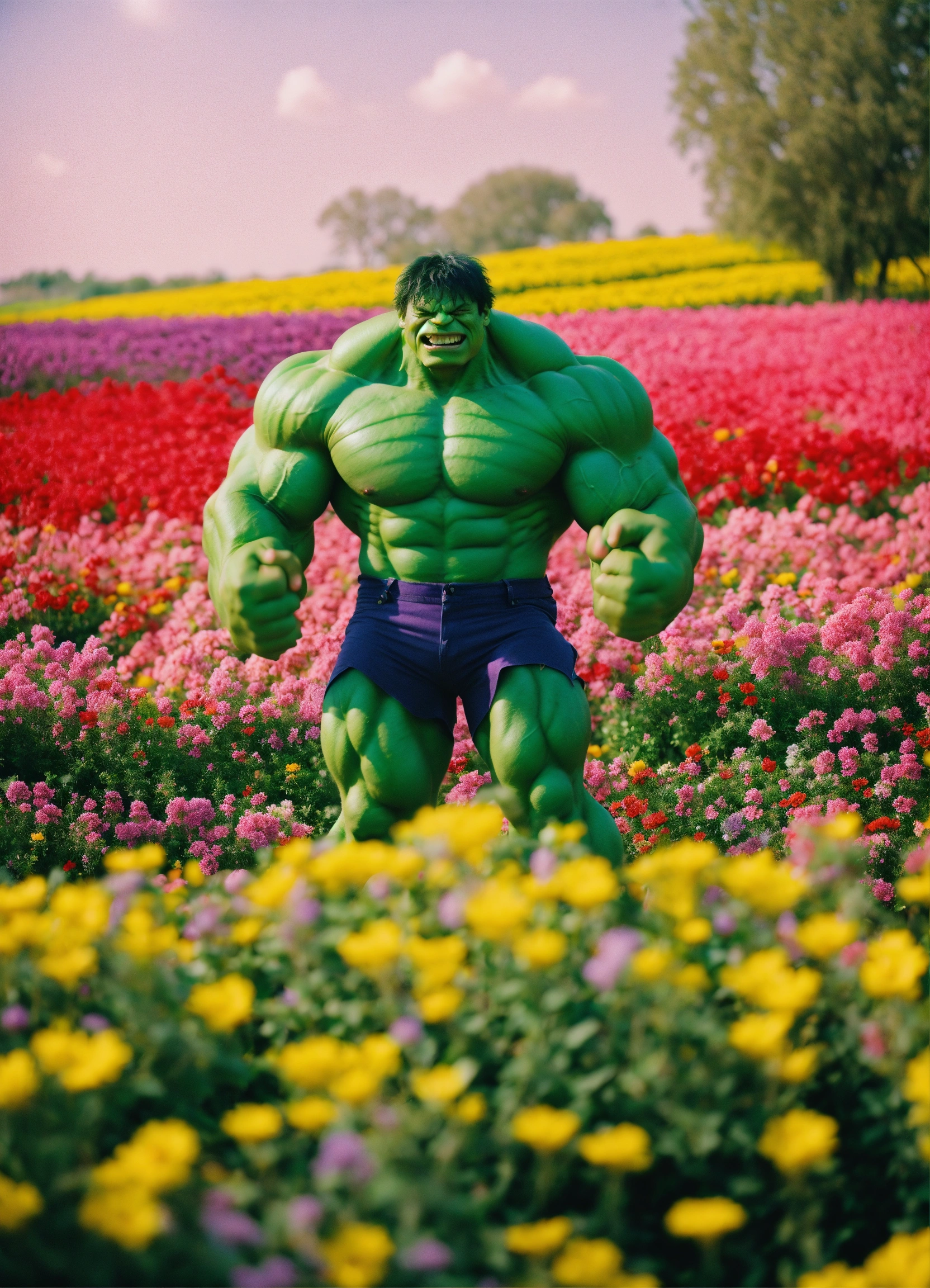 Lexica Happy Hulk standing in a beautiful field of flowers, colorful