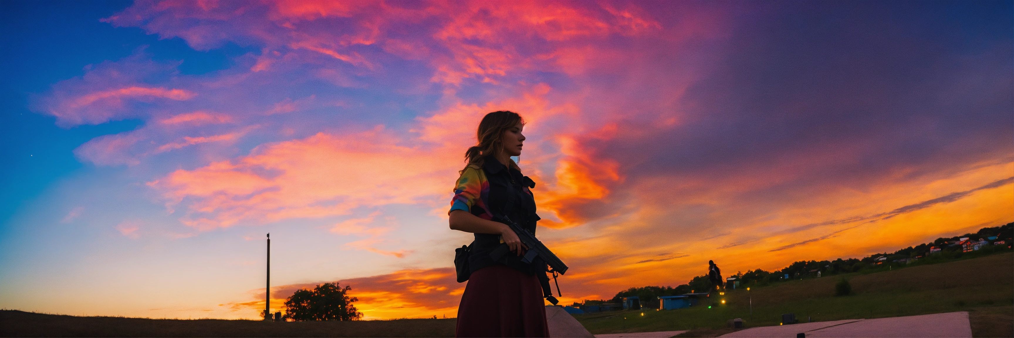 Lexica - Woman holding a pistol in front of a colourful sky