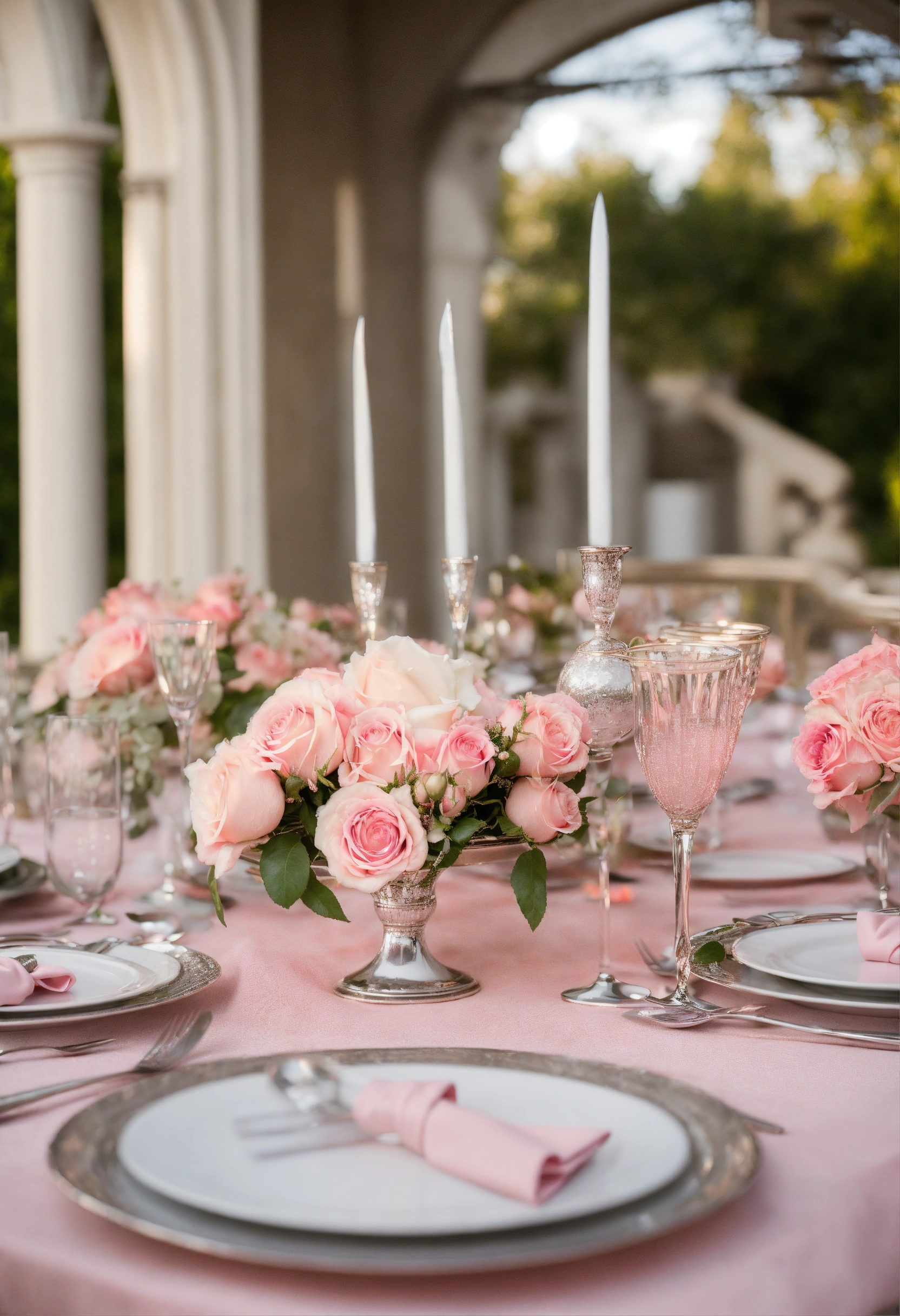 Lexica - Pink wedding table setting with silver utensils pink champagne ...