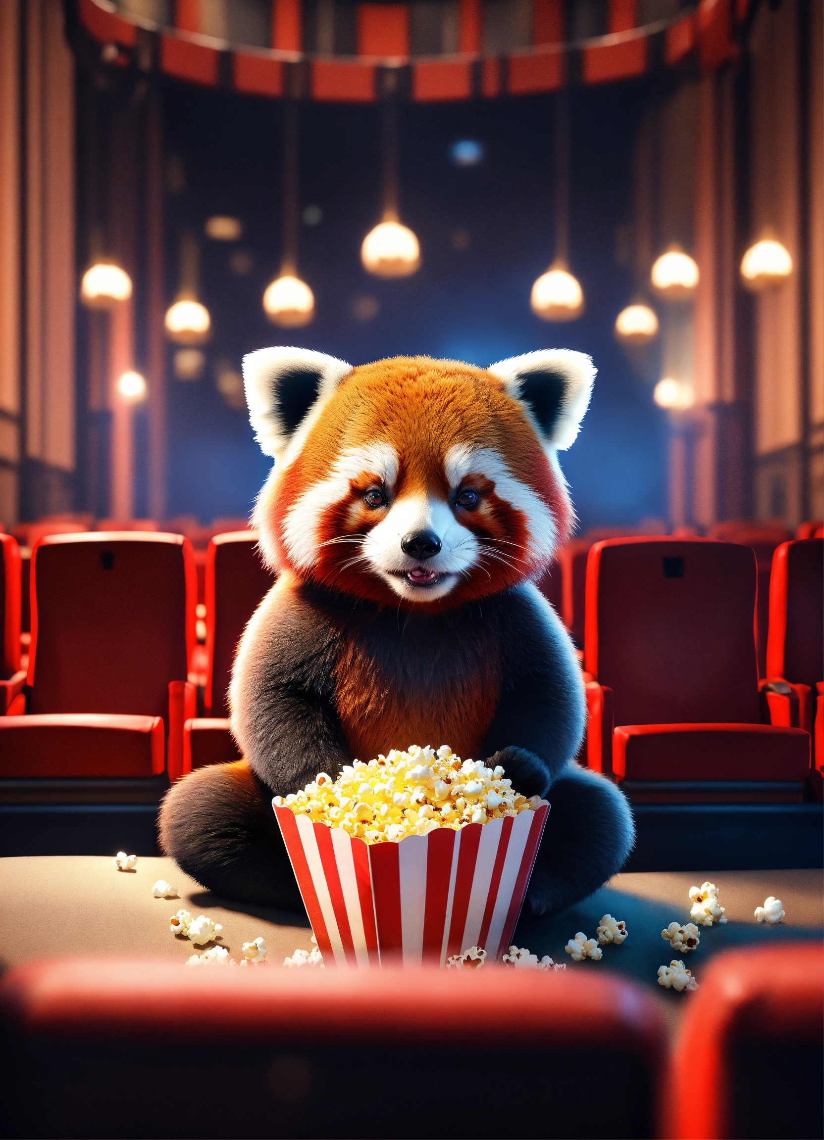 Lexica Cute small humanoid red panda sitting in a movie theater