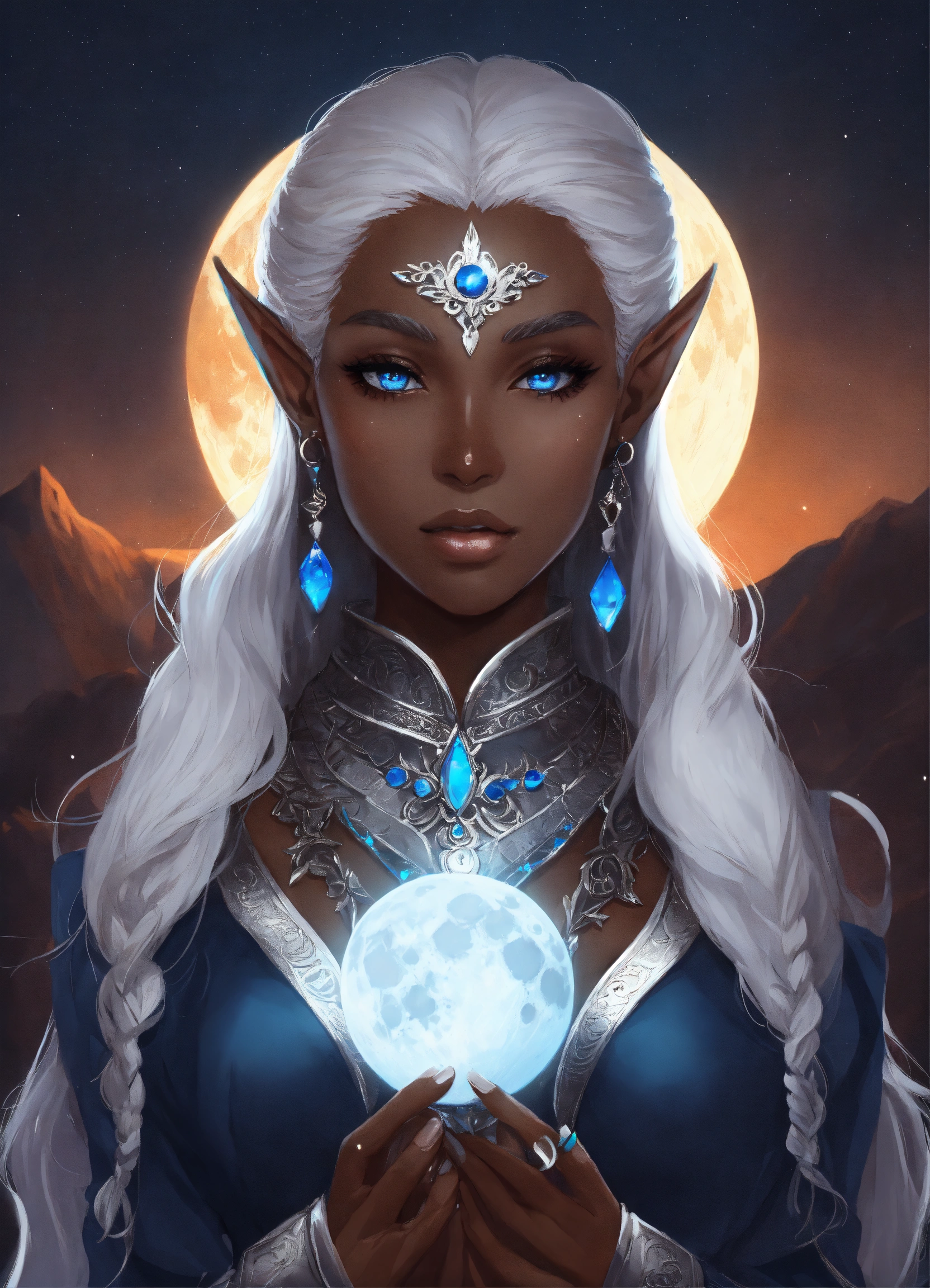 Lexica - A woman, moon, half elf,dark midnight brown skin, silver white ...