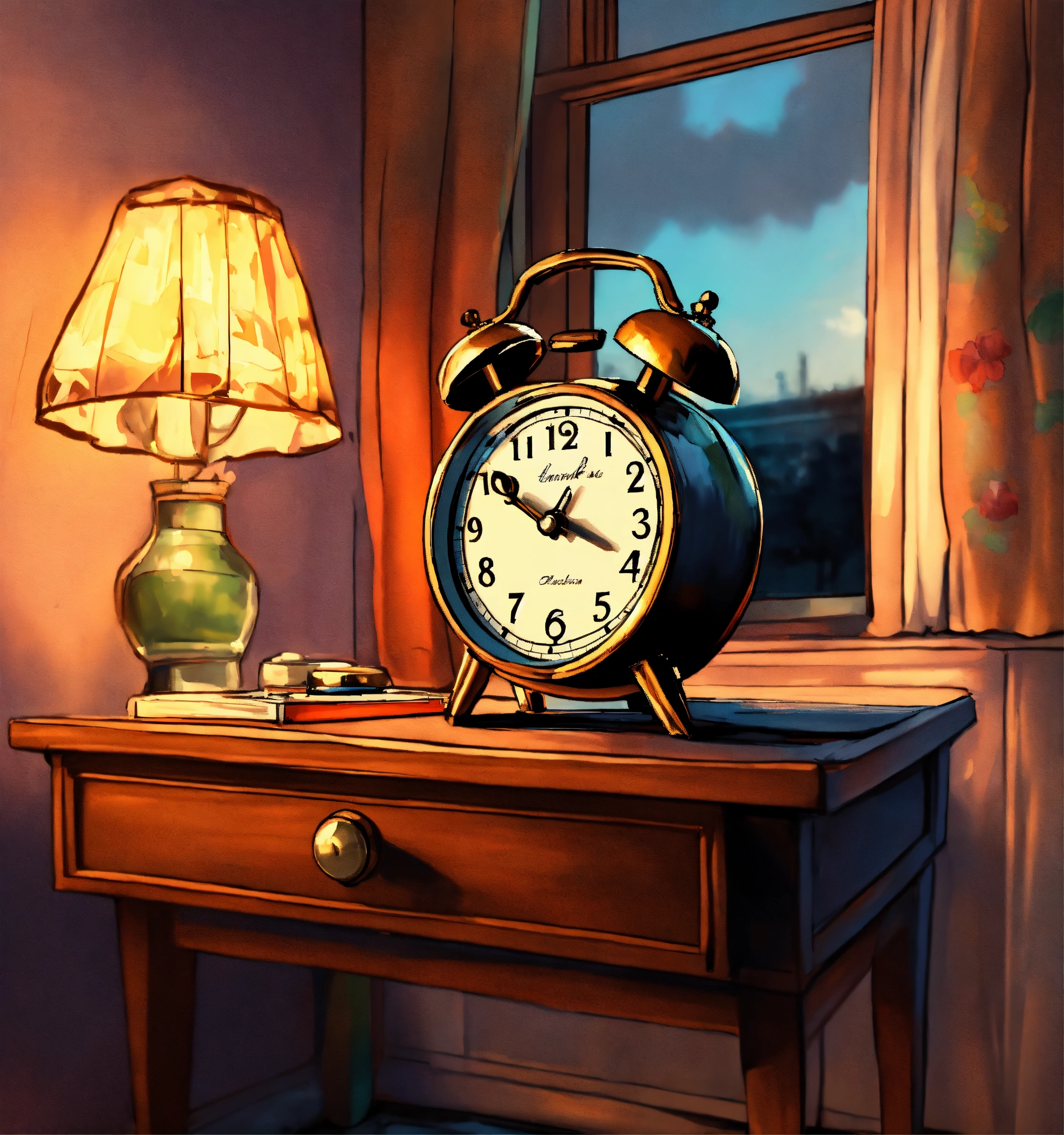 Lexica A hand drawn painting of an old school alarm clock kept on the
