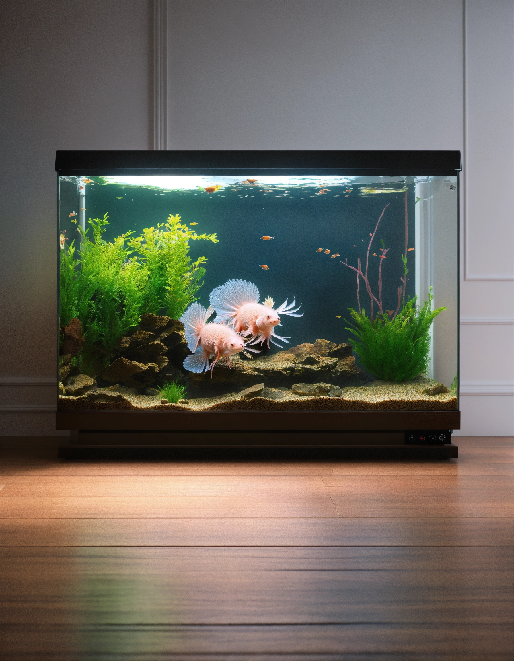 Lexica - Fish tank with axolotls in a living room with dark wood floors ...