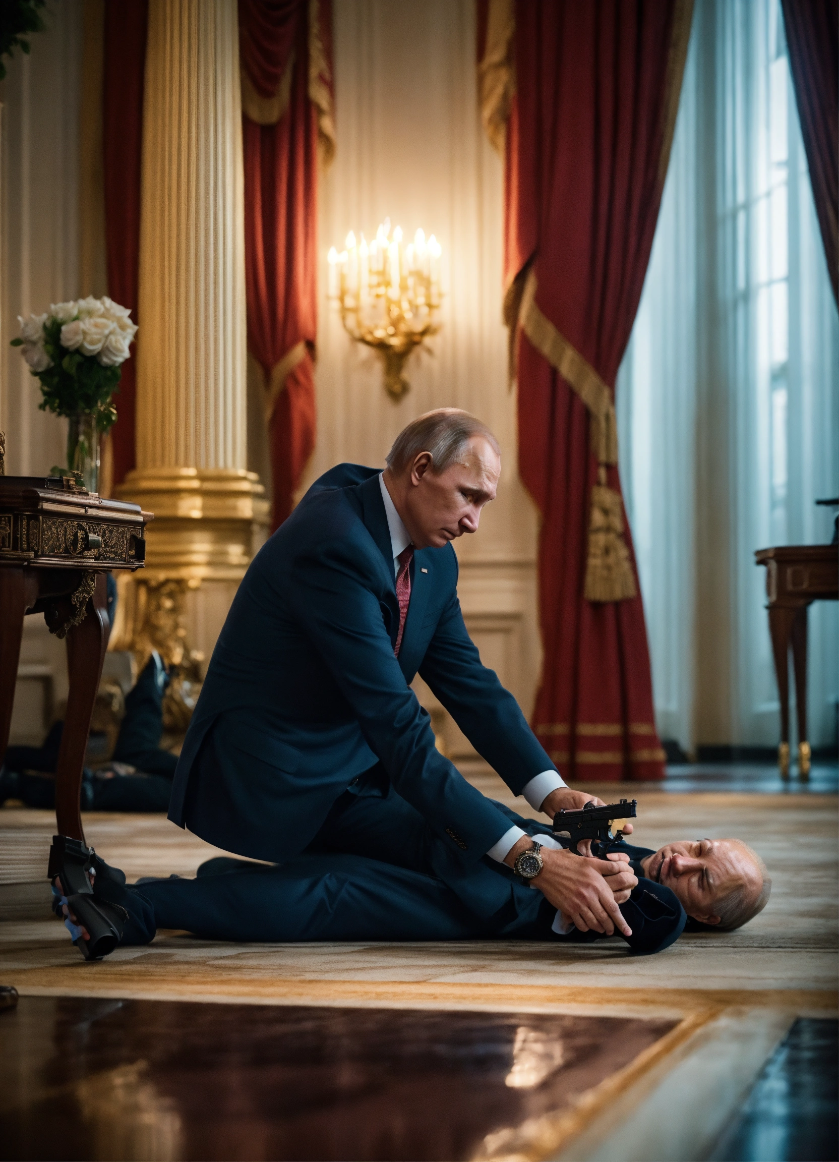 Lexica - Vladimir Putin Holding Handgun, The White House, Dead Body Of ...