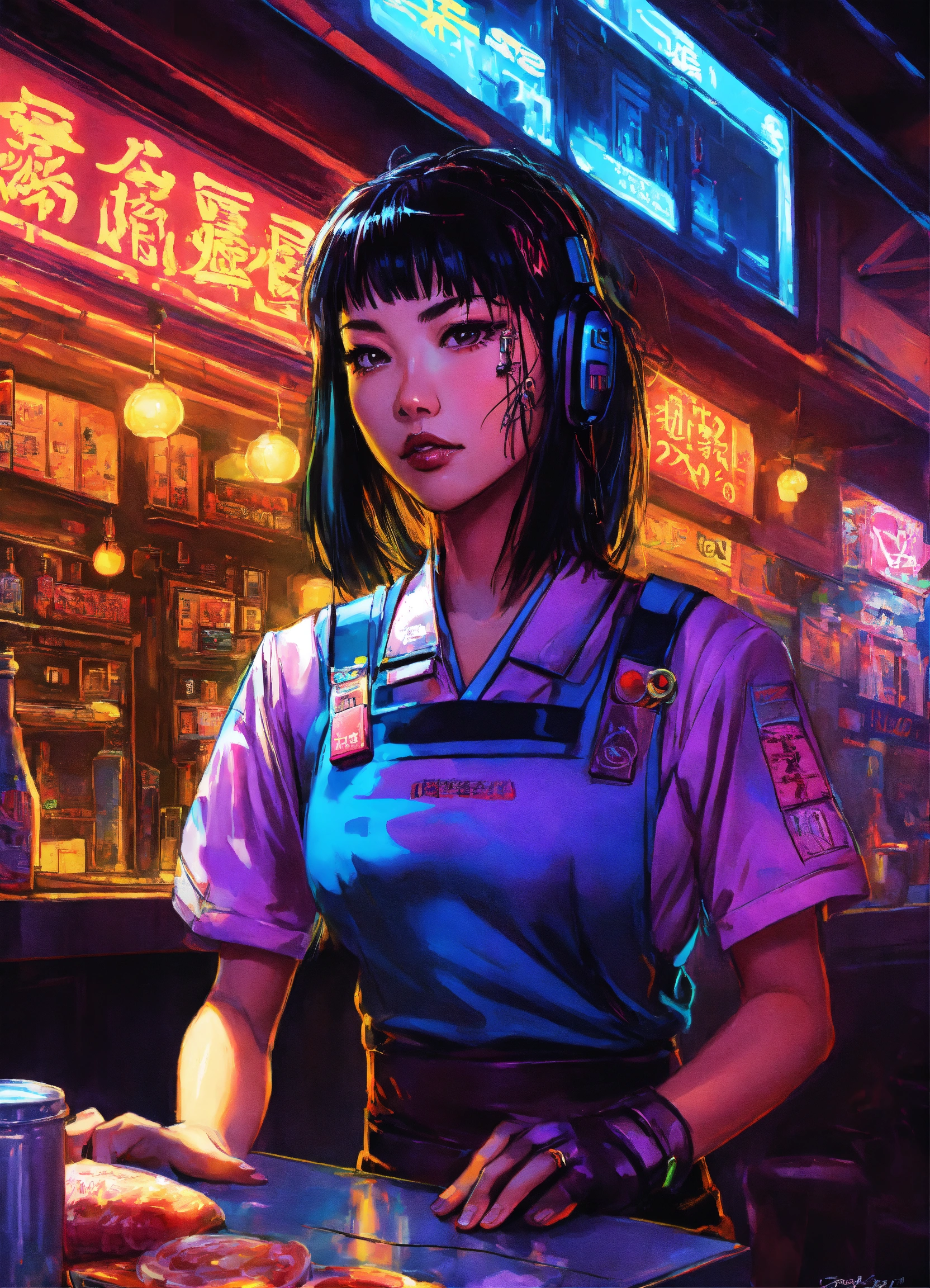 Lexica Cyberpunk Japanese waitress weaning neon pop clothing , in a