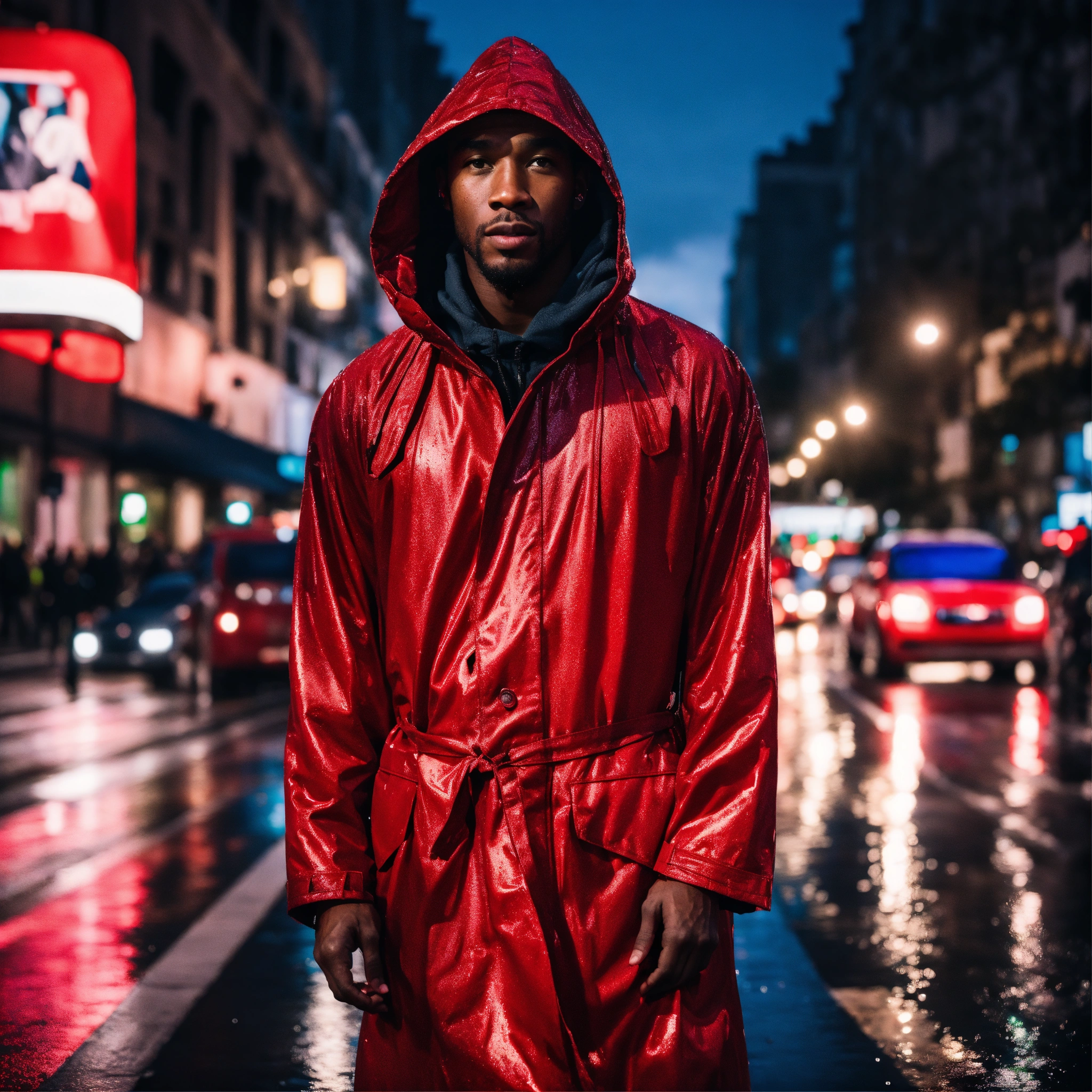 Lexica 8k photo portrait of a black men in a red raincoat at a bustling crosswalk in buenos aires argentina obelisk at night highly detailed v