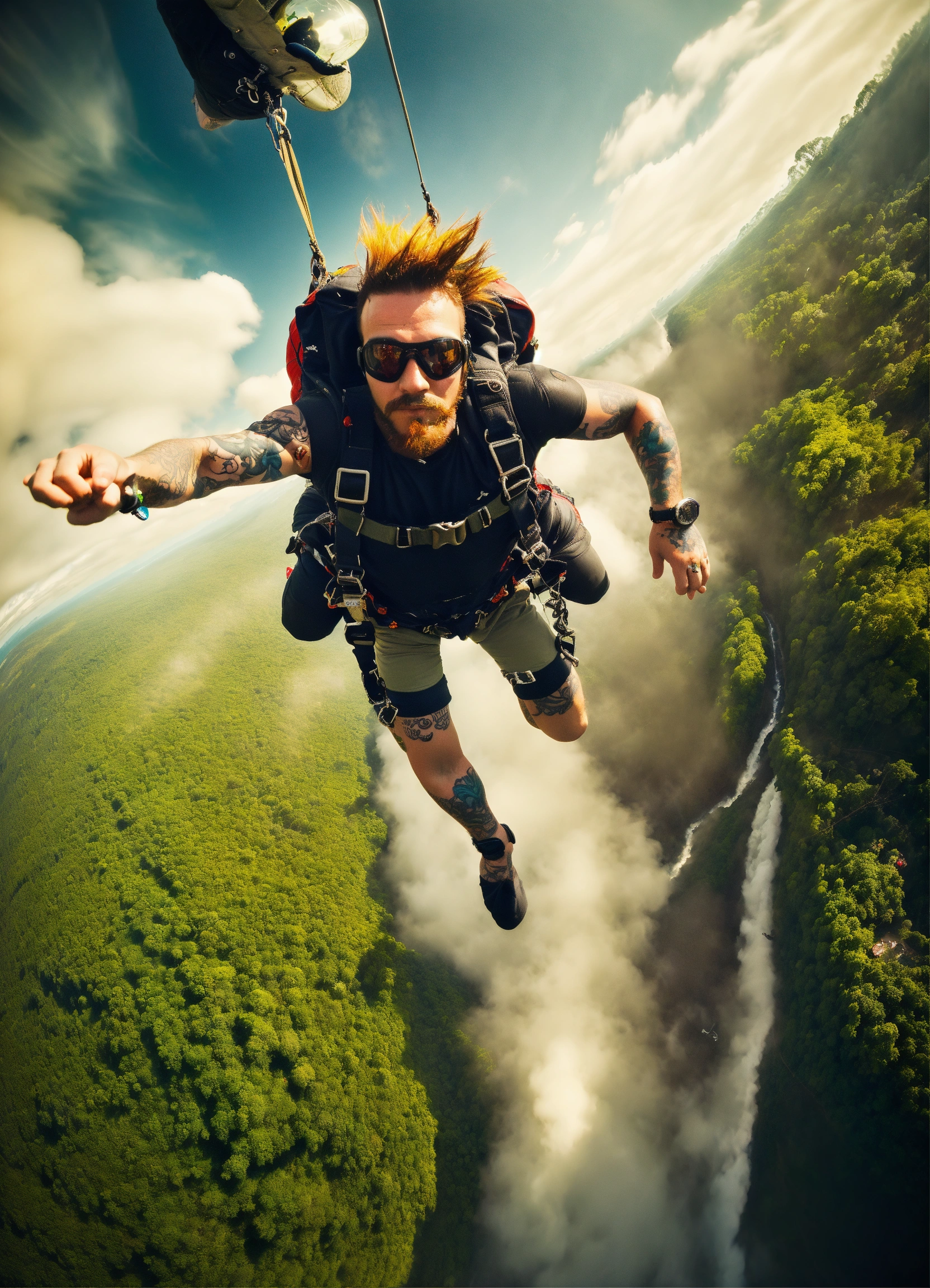 Lexica - Tattoed man with punk style doing skydiving from a exploded ...