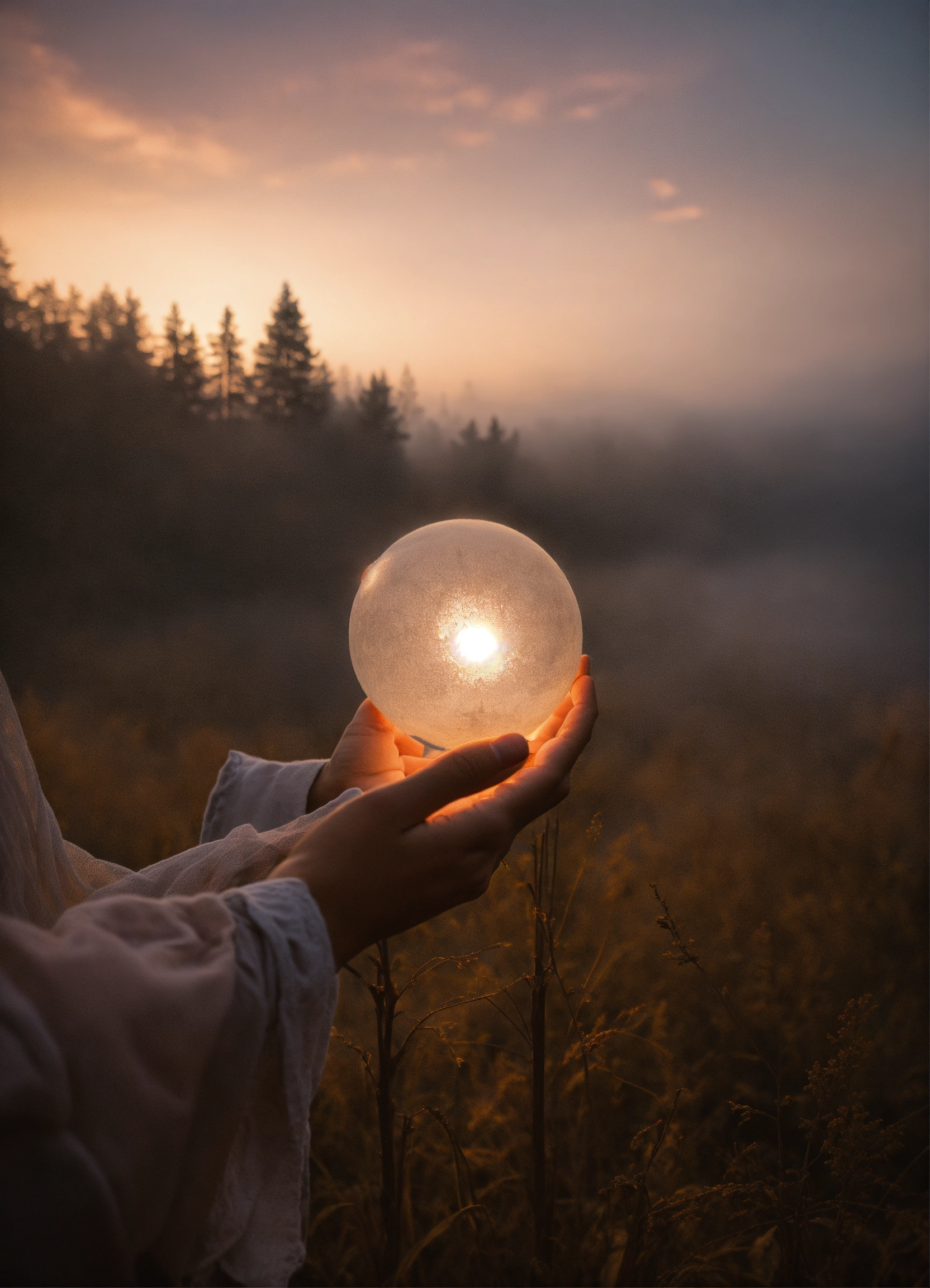 Lexica - Hands reaching out towards a glowing orb of light amidst a ...