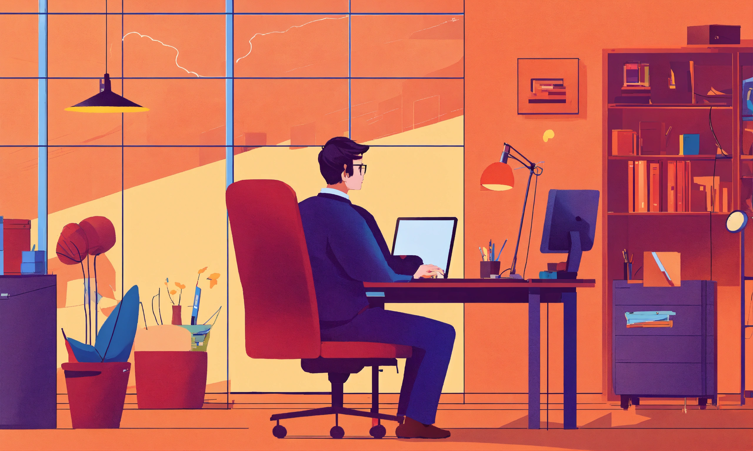 lexica-man-thinking-sitting-in-office-and-typing-on-laptop-illustration