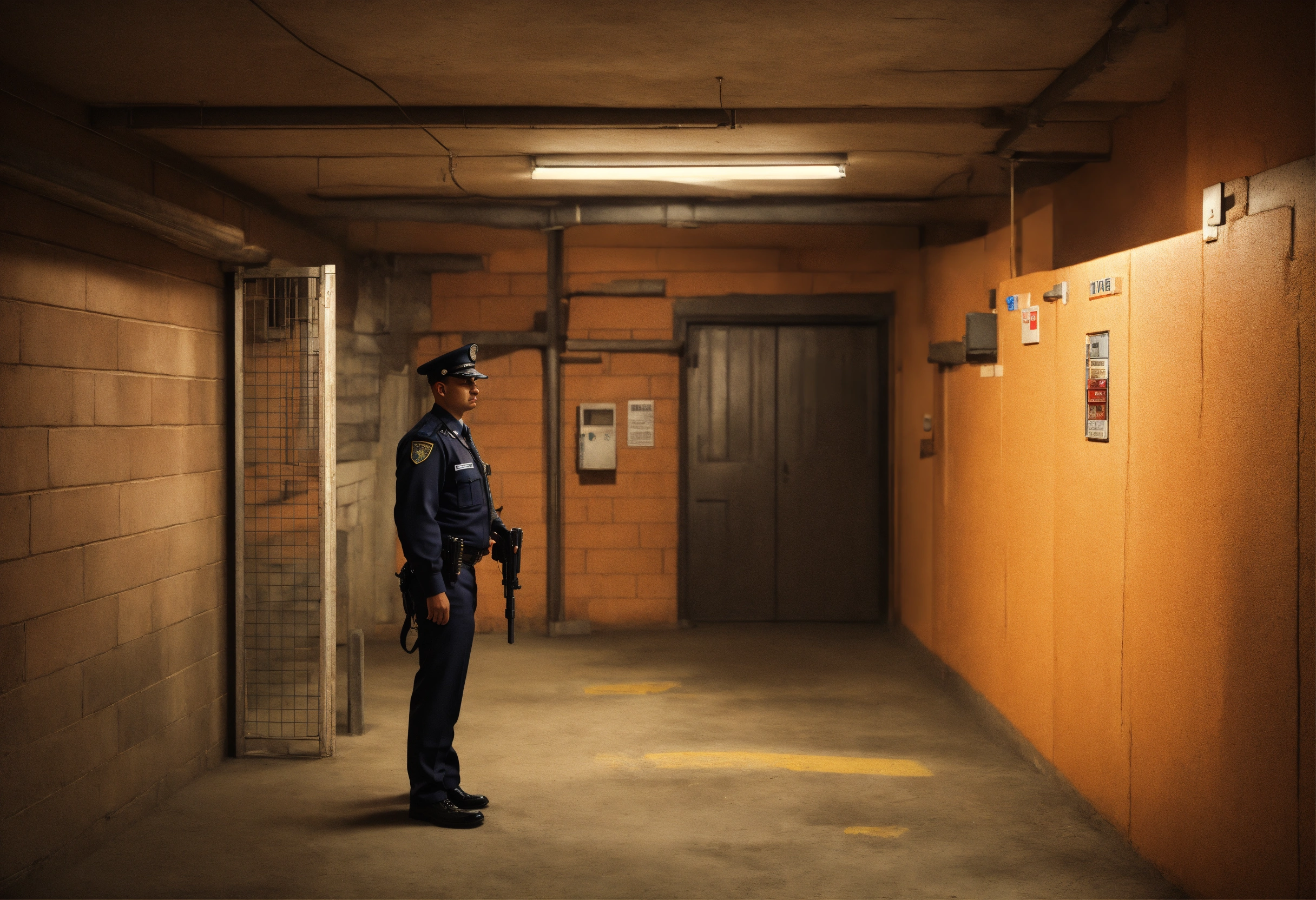 Lexica - Photo realistic, security guard in basement of building