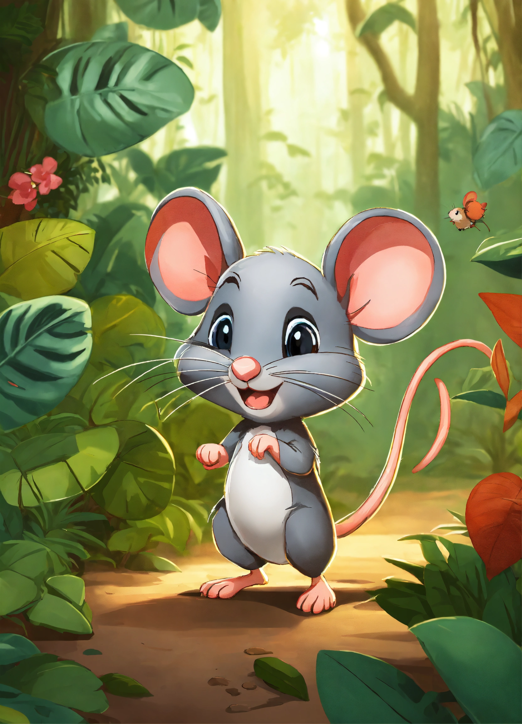 Lexica - Cartoon cute mouse walking in dense jungle