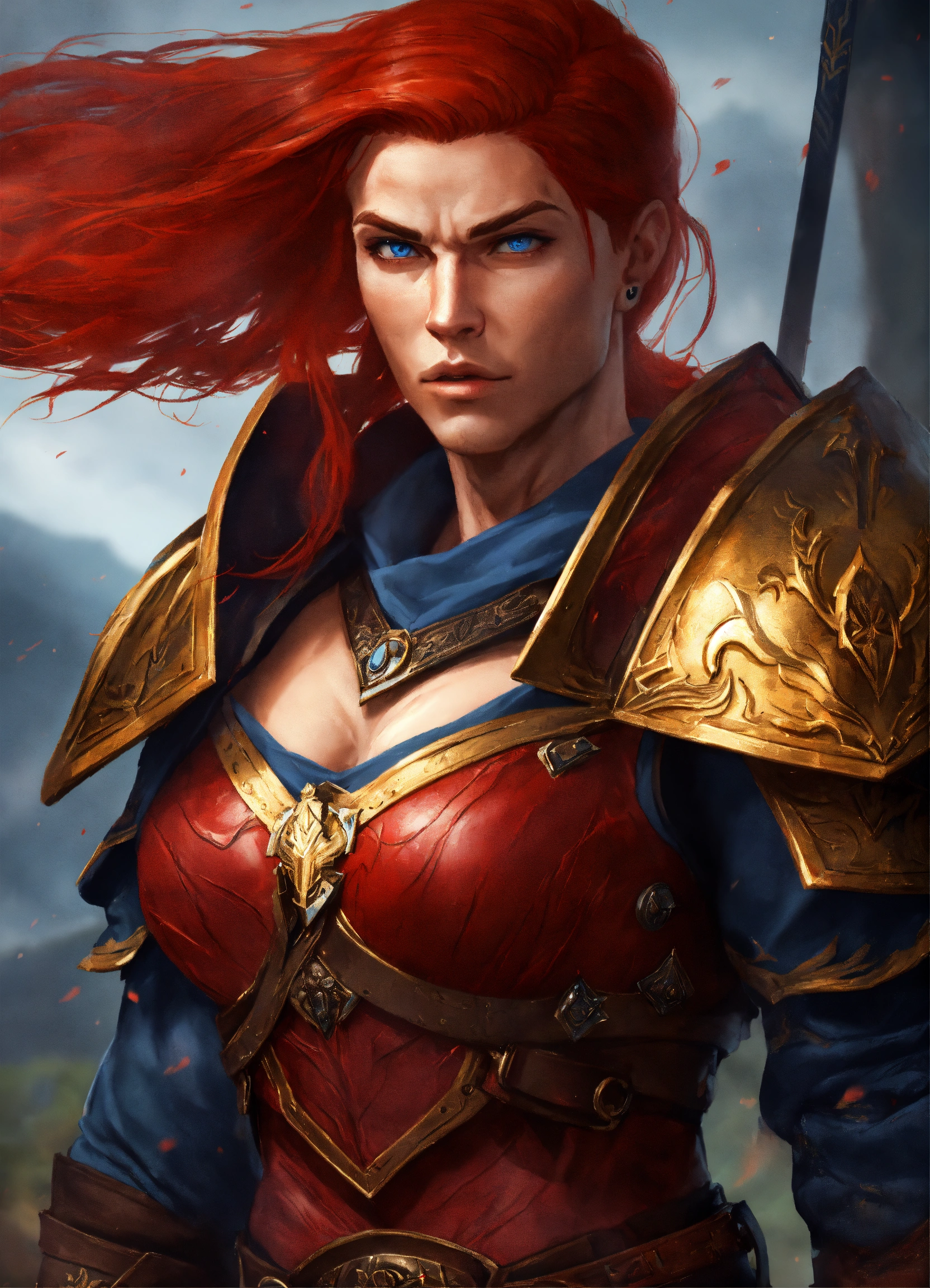 Lexica - A strong masculine woman with rugged features, red hair, blue ...