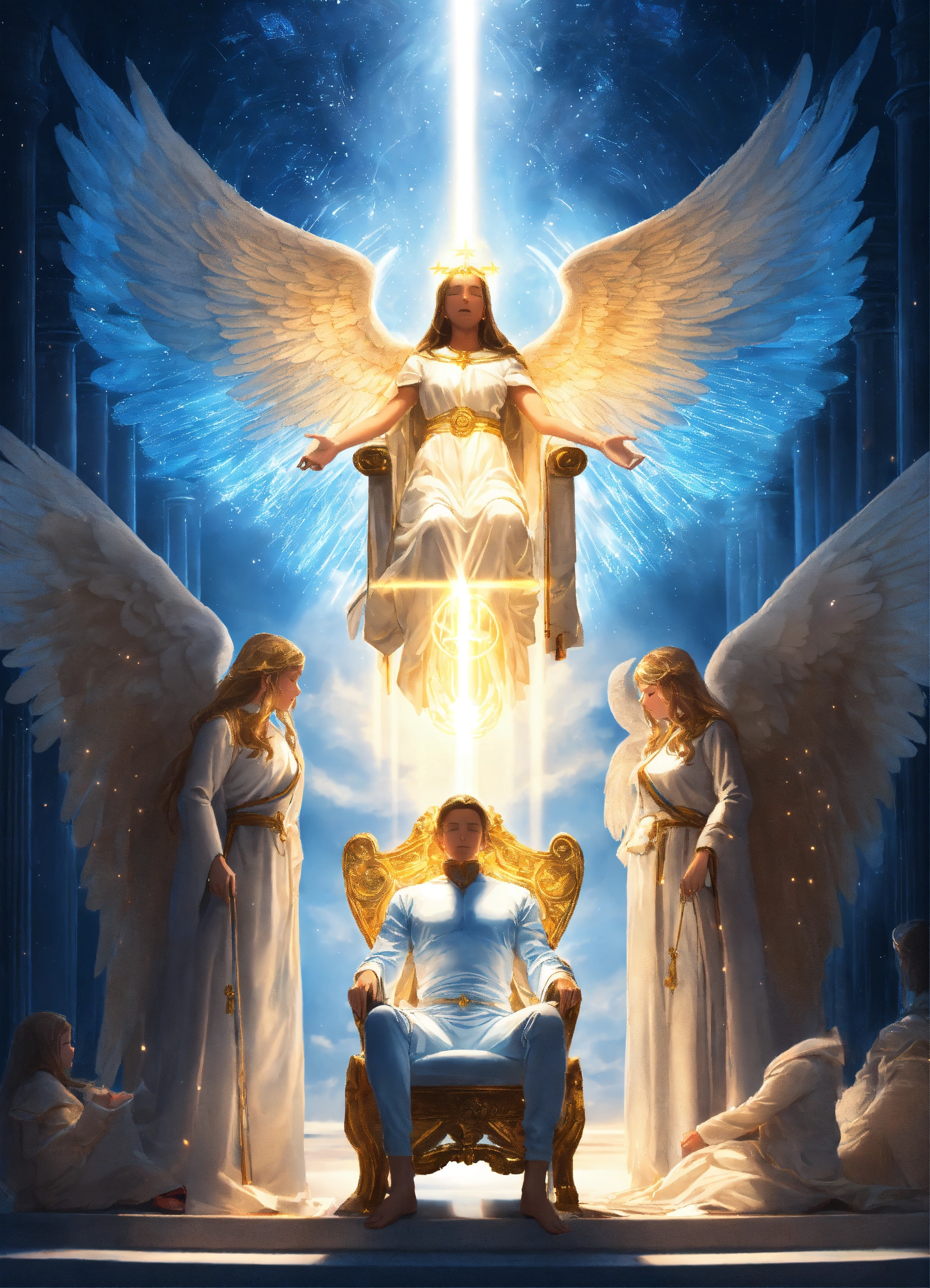 Lexica - People siting on a chair, angels with blue light surrend her ...