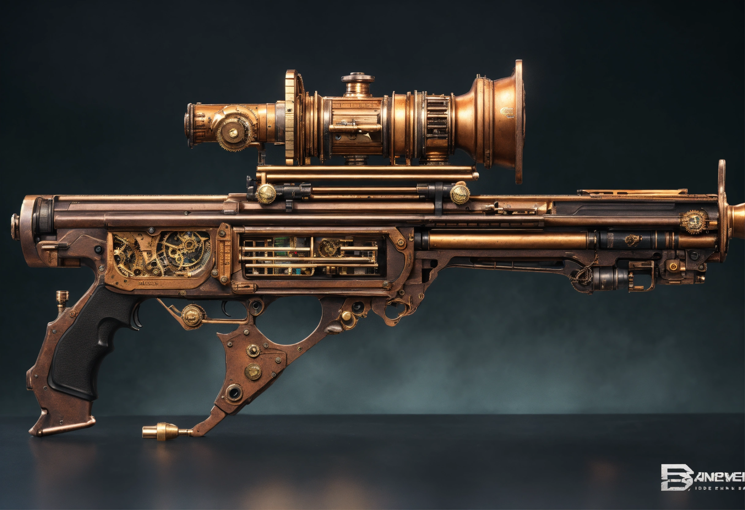 Lexica - Side view of the full image of a steampunk energy rifle
