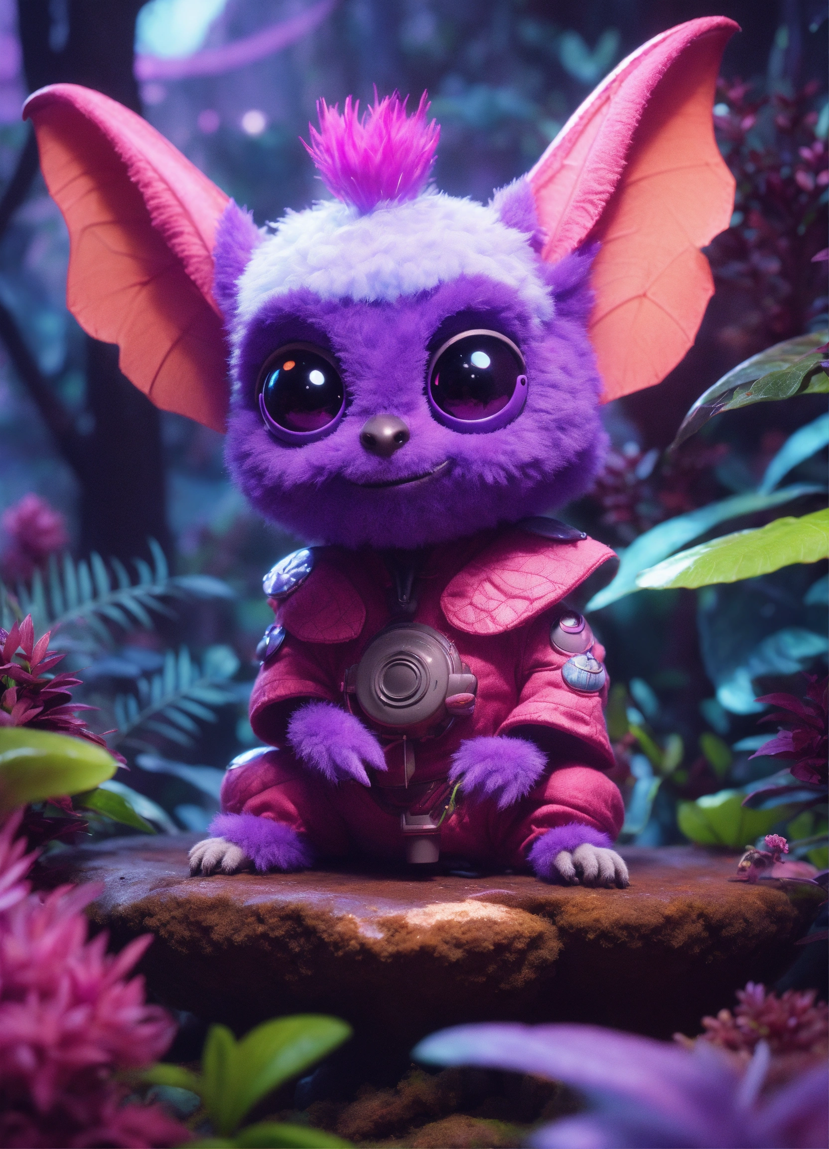 Lexica - Cute fuzzy pink and purple alien fruitbat chief character with ...