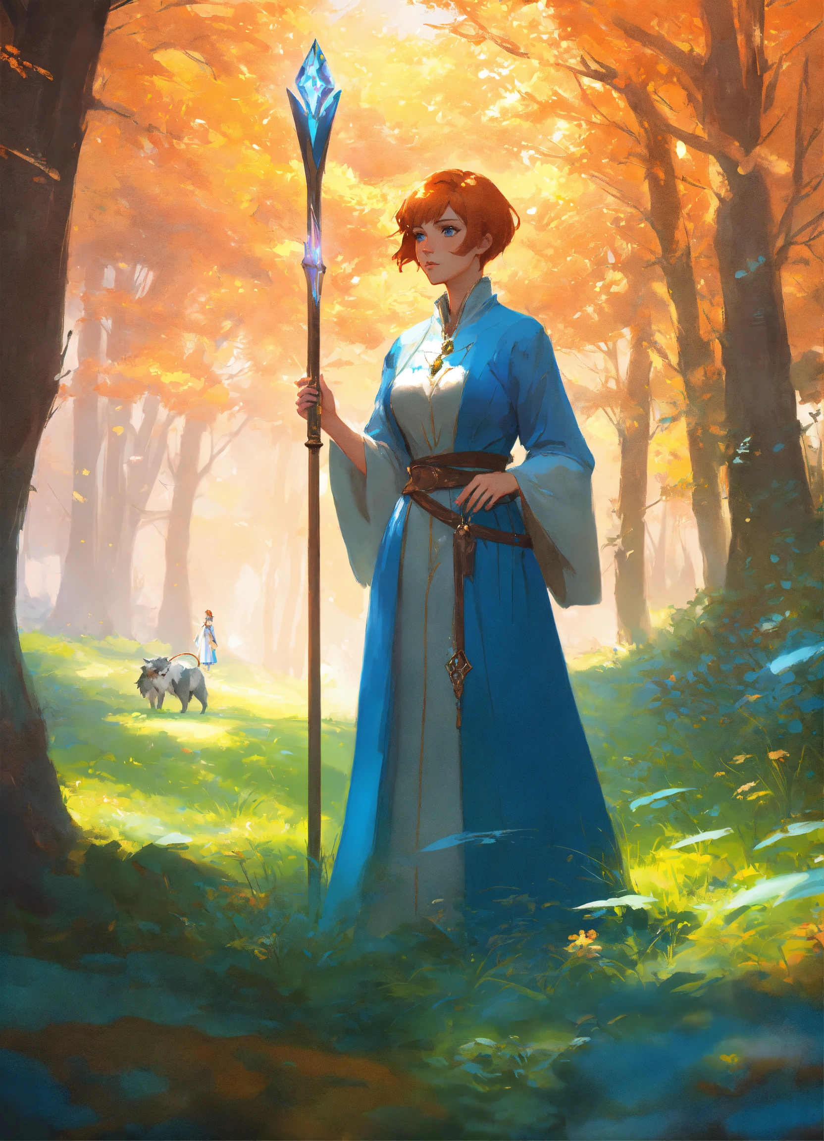 Lexica - A woman, mage, in a pastel landscape woods, with short copper ...