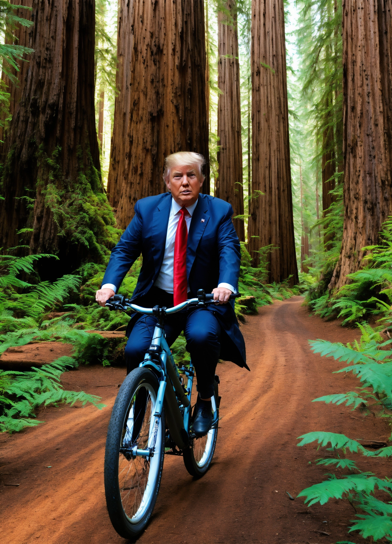 Lexica - Donald trump biking in a redwood forest