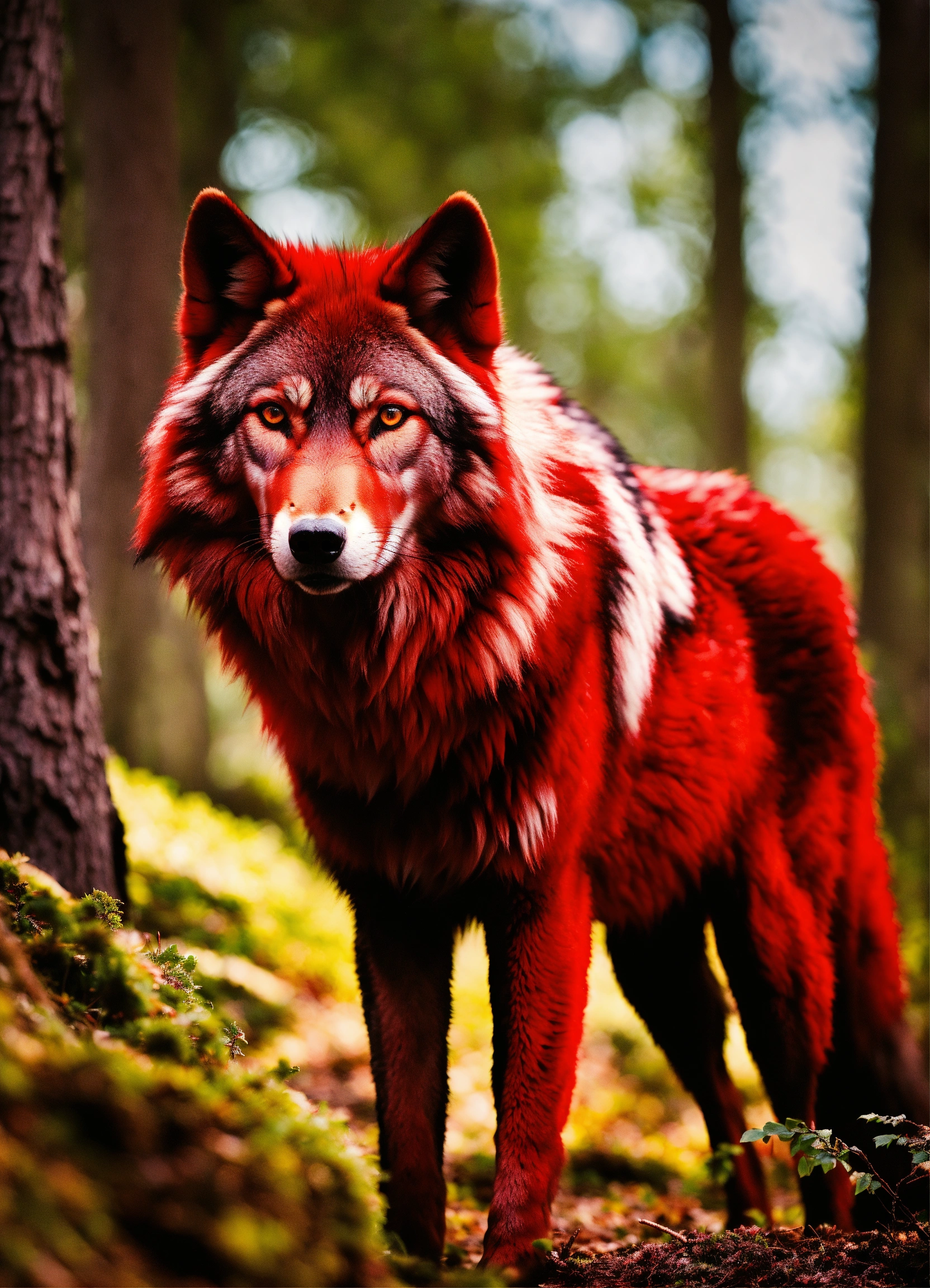 Lexica - Massive, red fur, wolf, in the woods, red eyes, up close