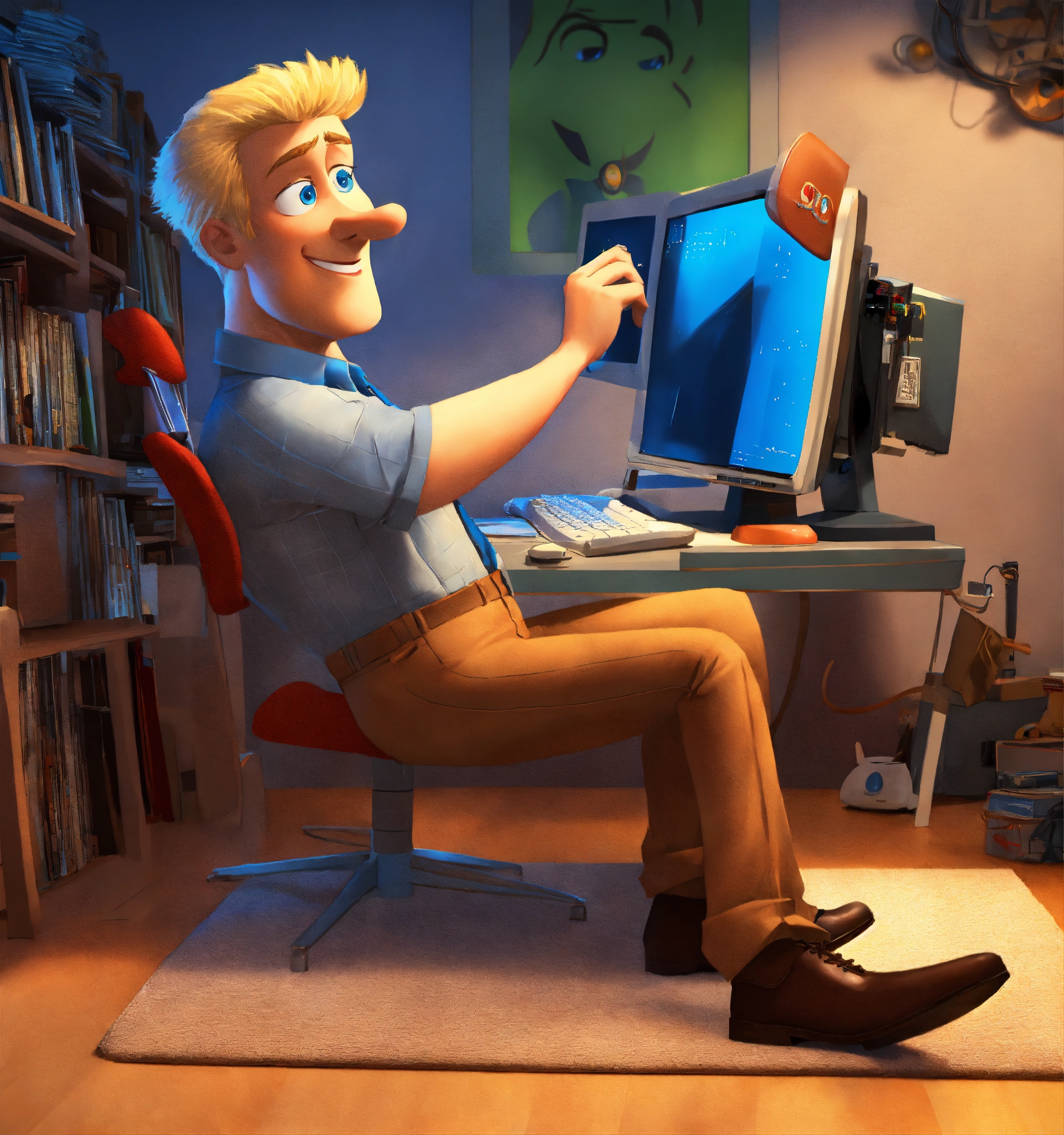 Lexica - Pixar man blonde full body blue eyes big nouse qith computer ...