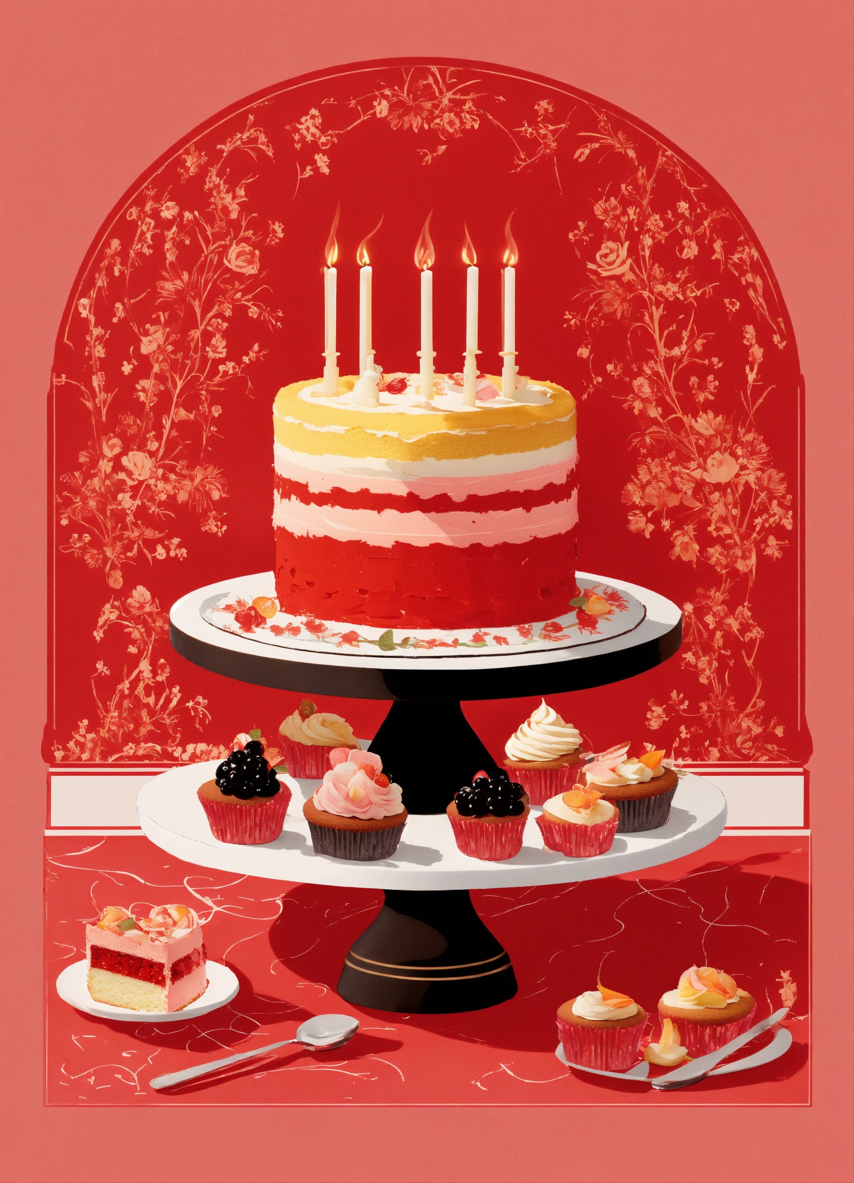 Lexica - Light red background; in the center a cake with figures on a ...