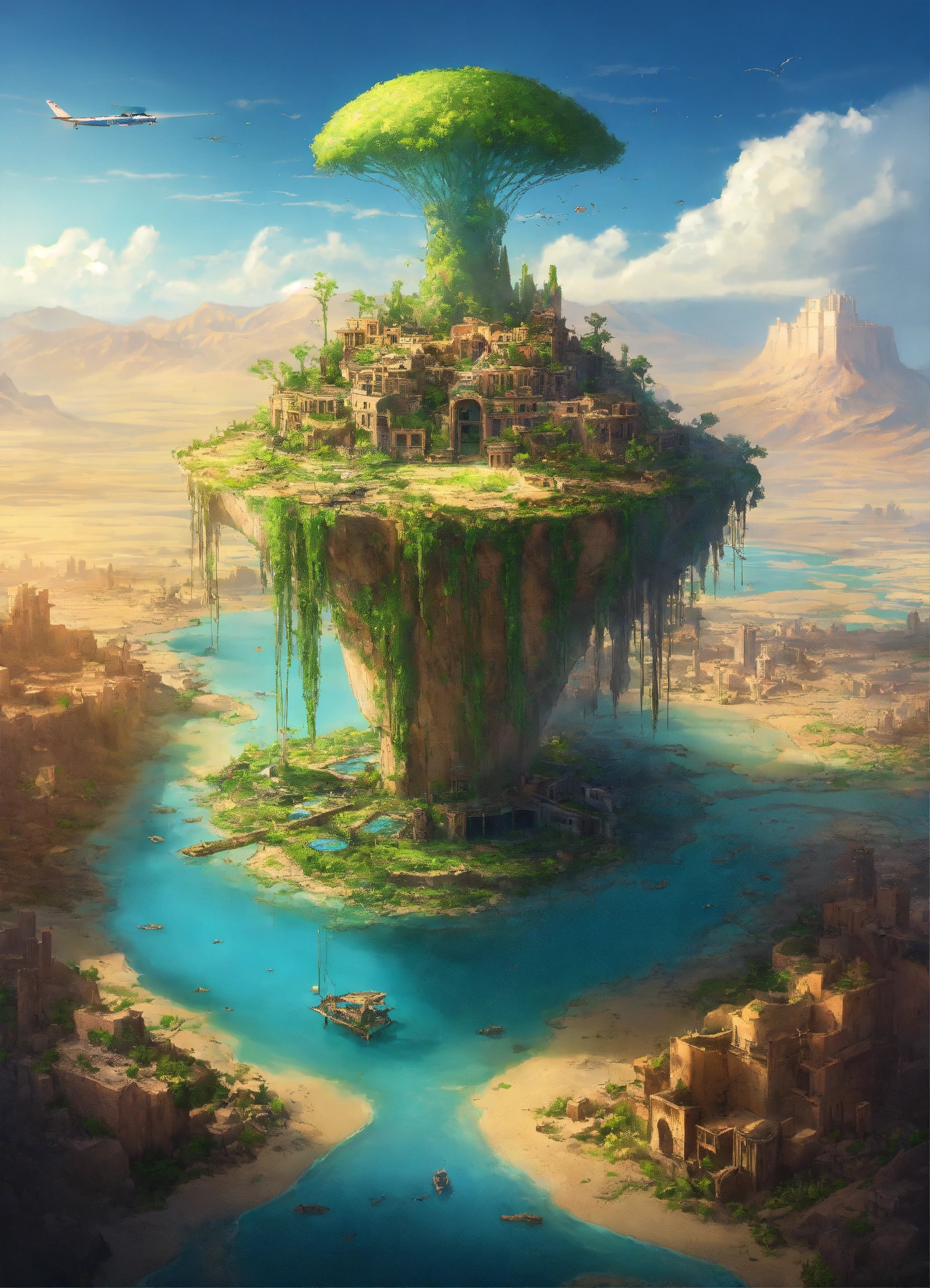Lexica - A flying island with a city on top in the middle of the desert ...