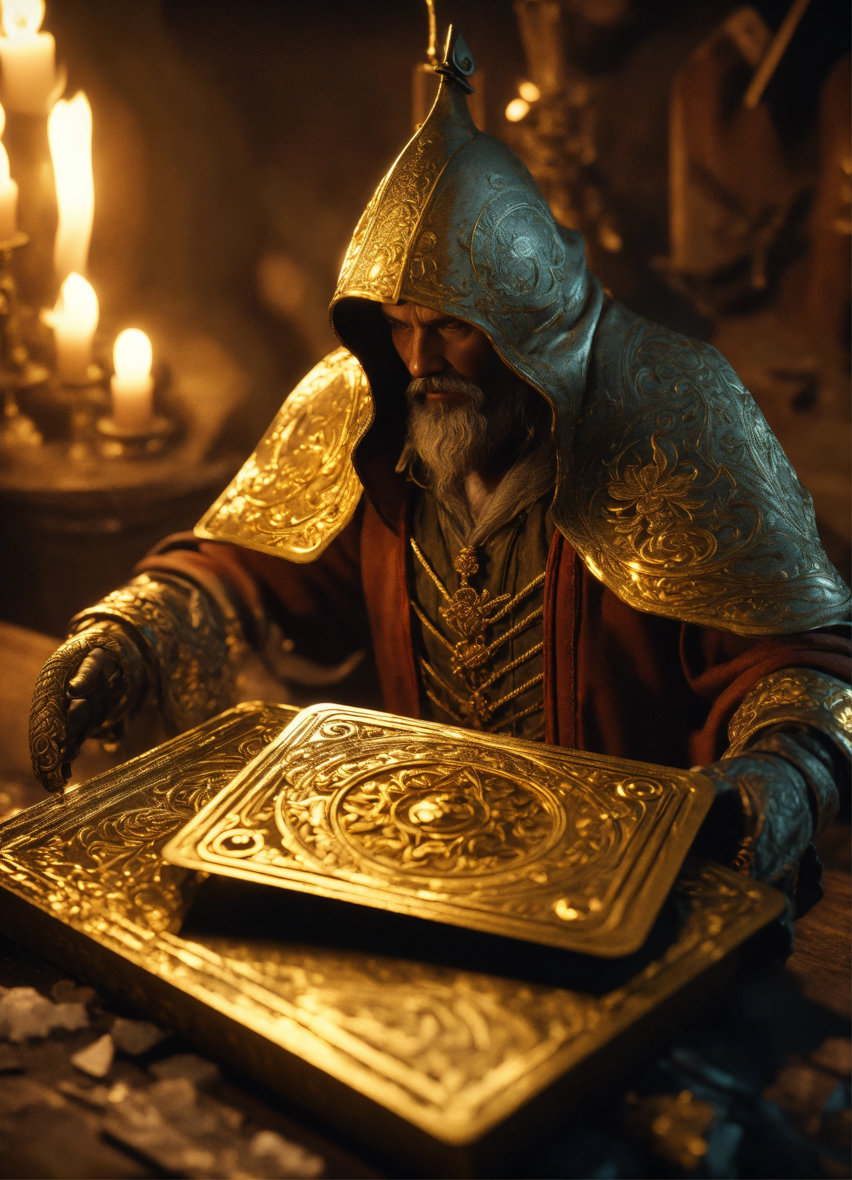 Lexica - Golden card of a haunting trapper-cremator, highly detailed ...