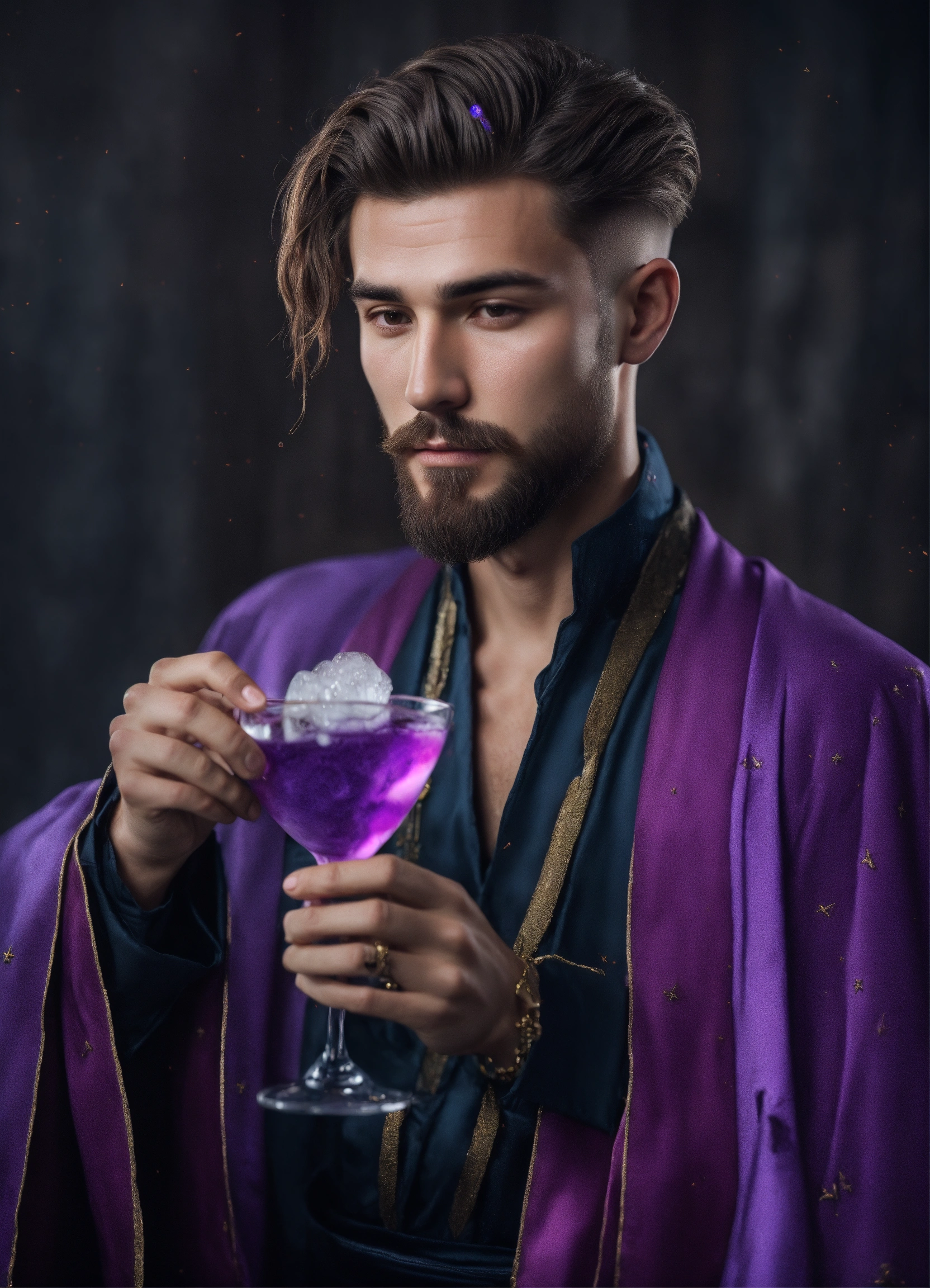 Lexica - Handsome wizard with modern hairstyle holding a purple drink