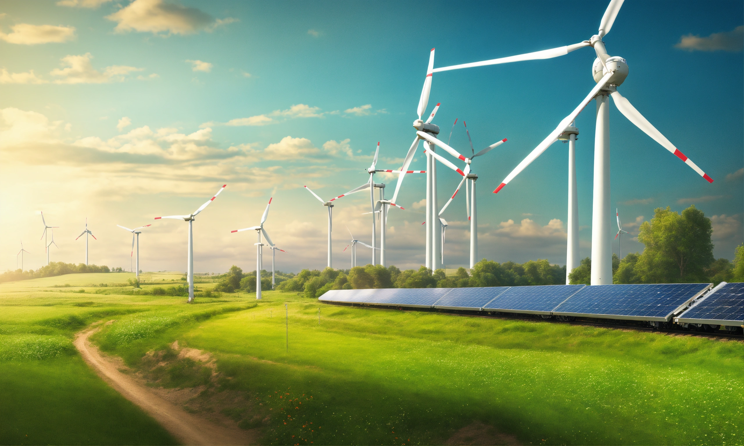 Lexica - Landscape with green landscape, blue sky, some wind turbine ...