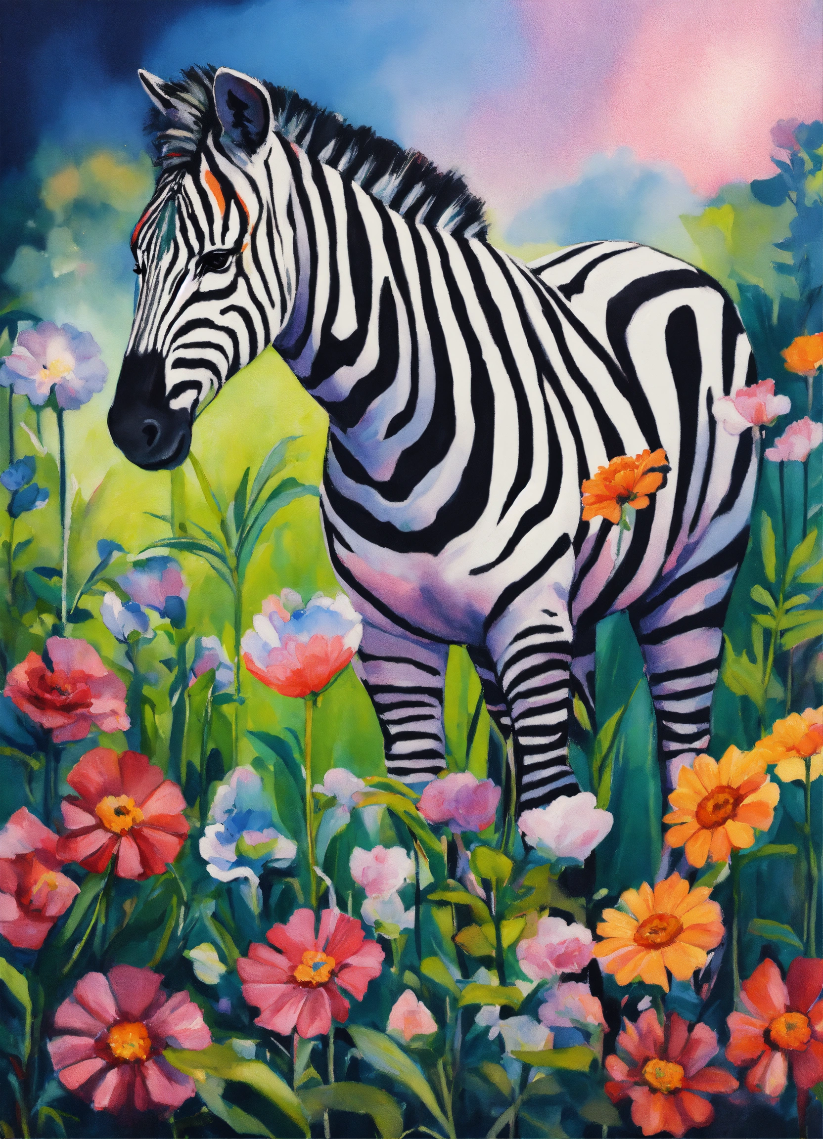Lexica - Enchanted zebra with flowers painting think strokes