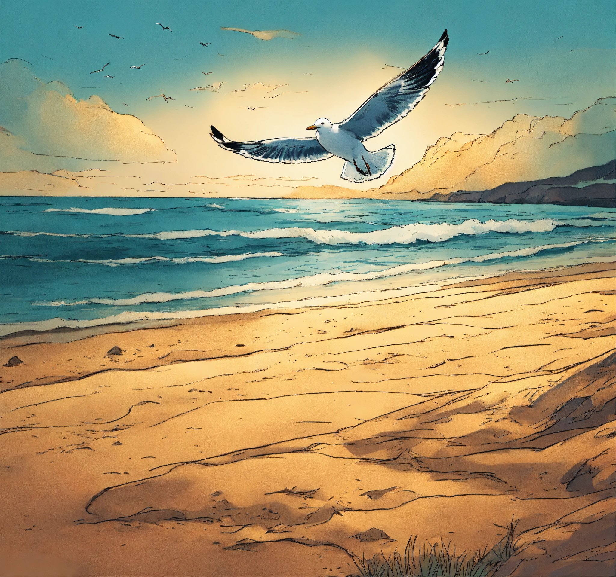 Lexica - A little seagull flying over a pretty beach surrounded by ...