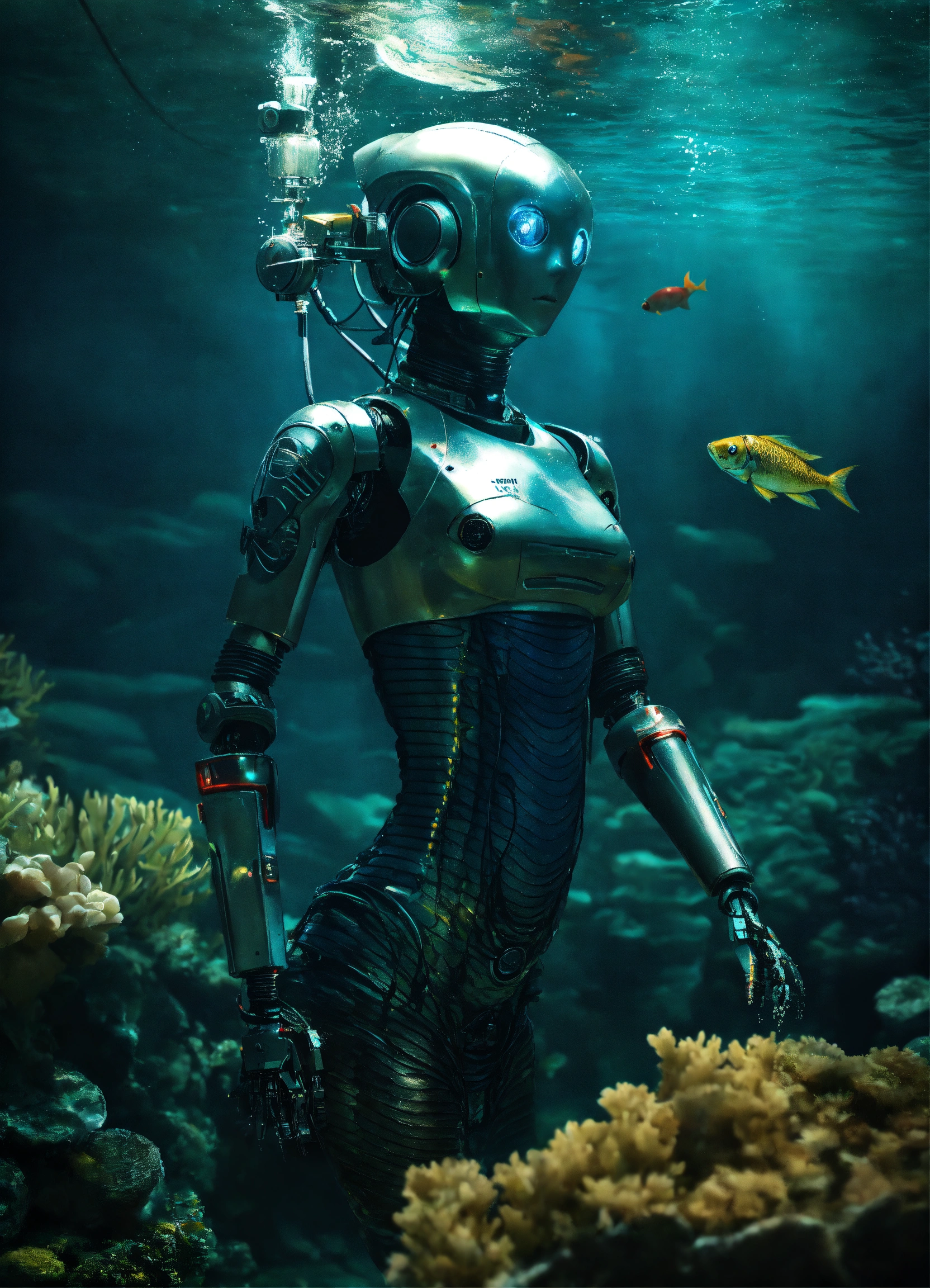 Lexica - A robot mermaid in the bottom of the sea, dark light , whit a ...