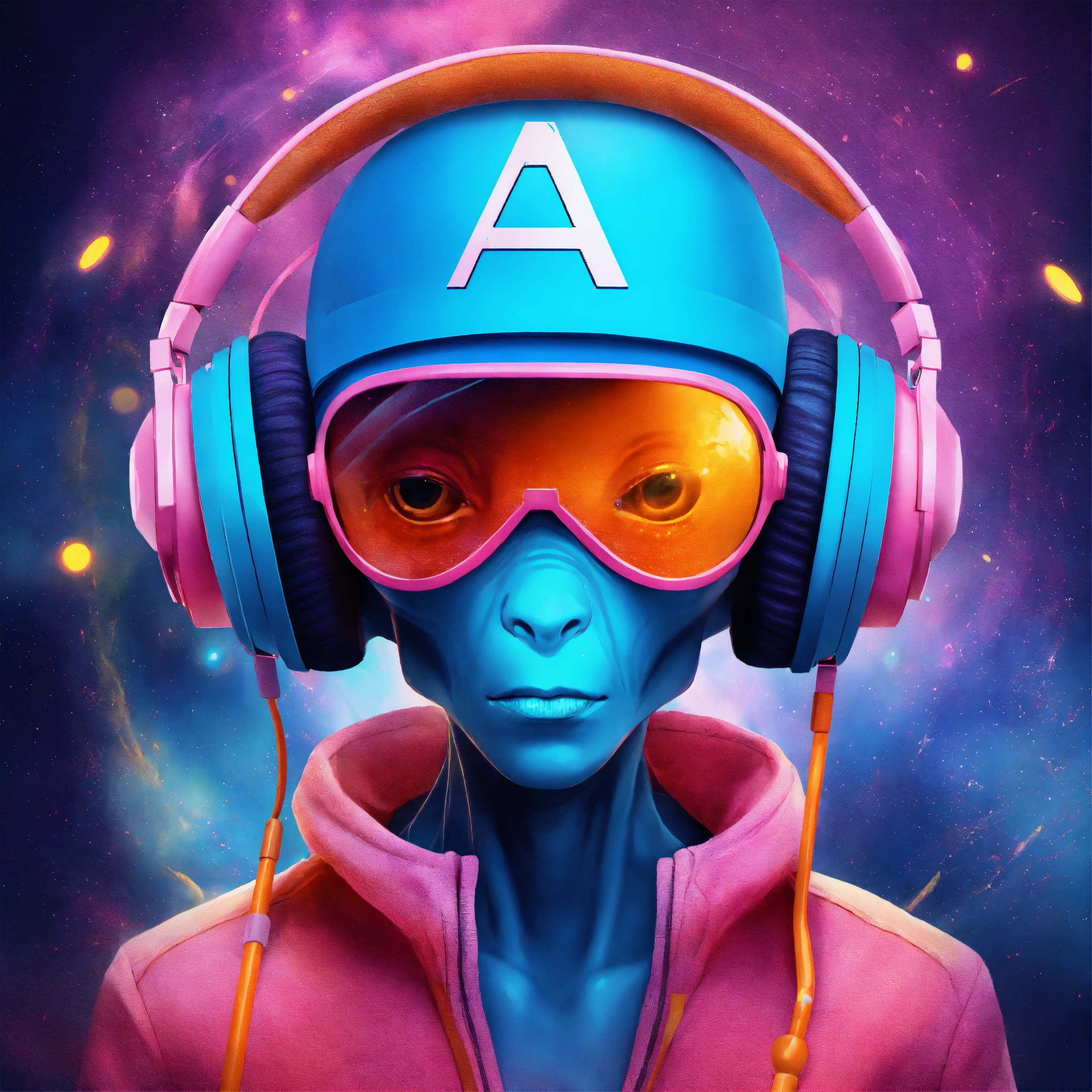 Lexica - Blue alien, wearing orange headphone, wearing pink hat with ...