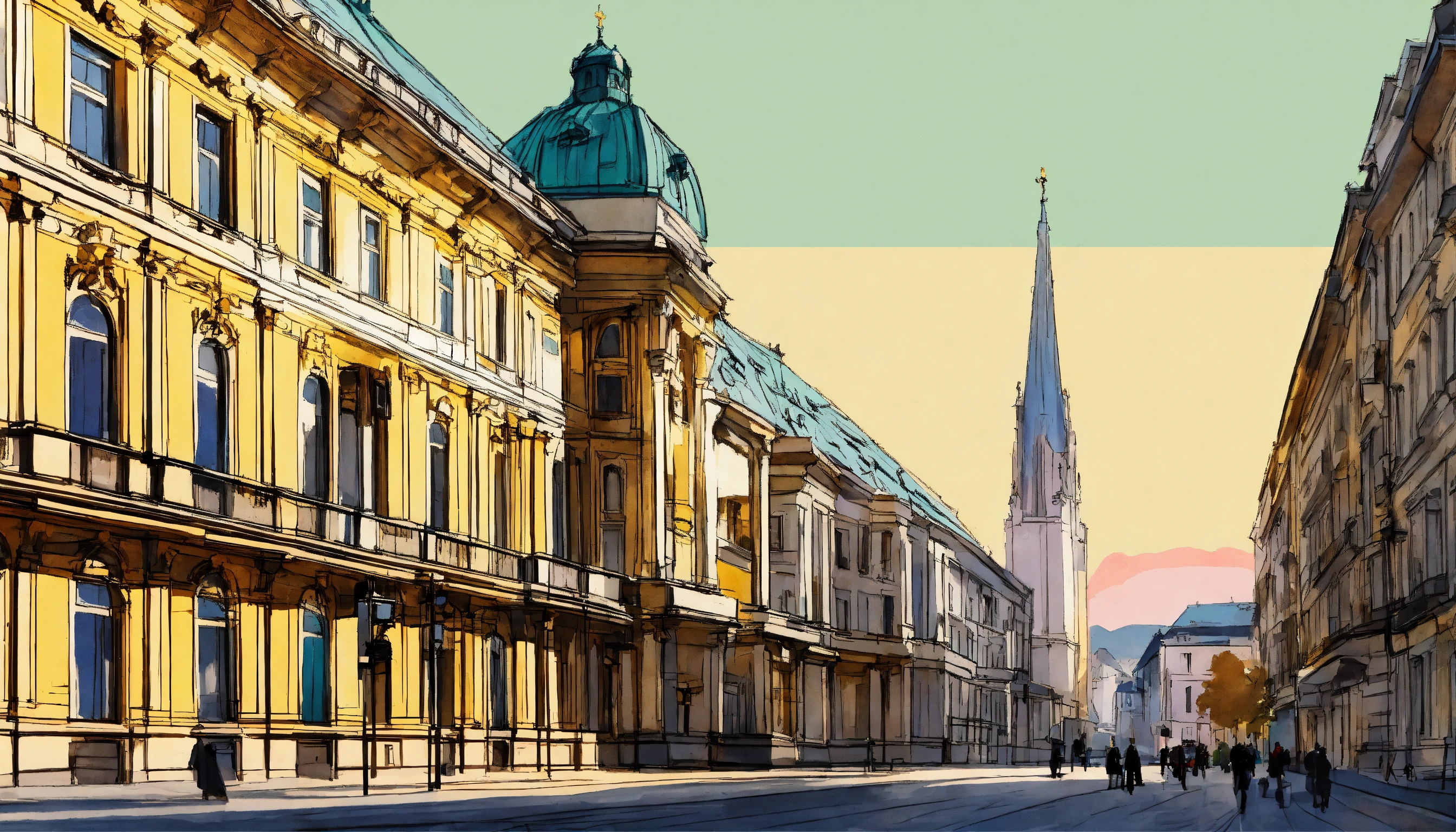 Lexica - A sketch of a vienna landmark, bright, muted colors