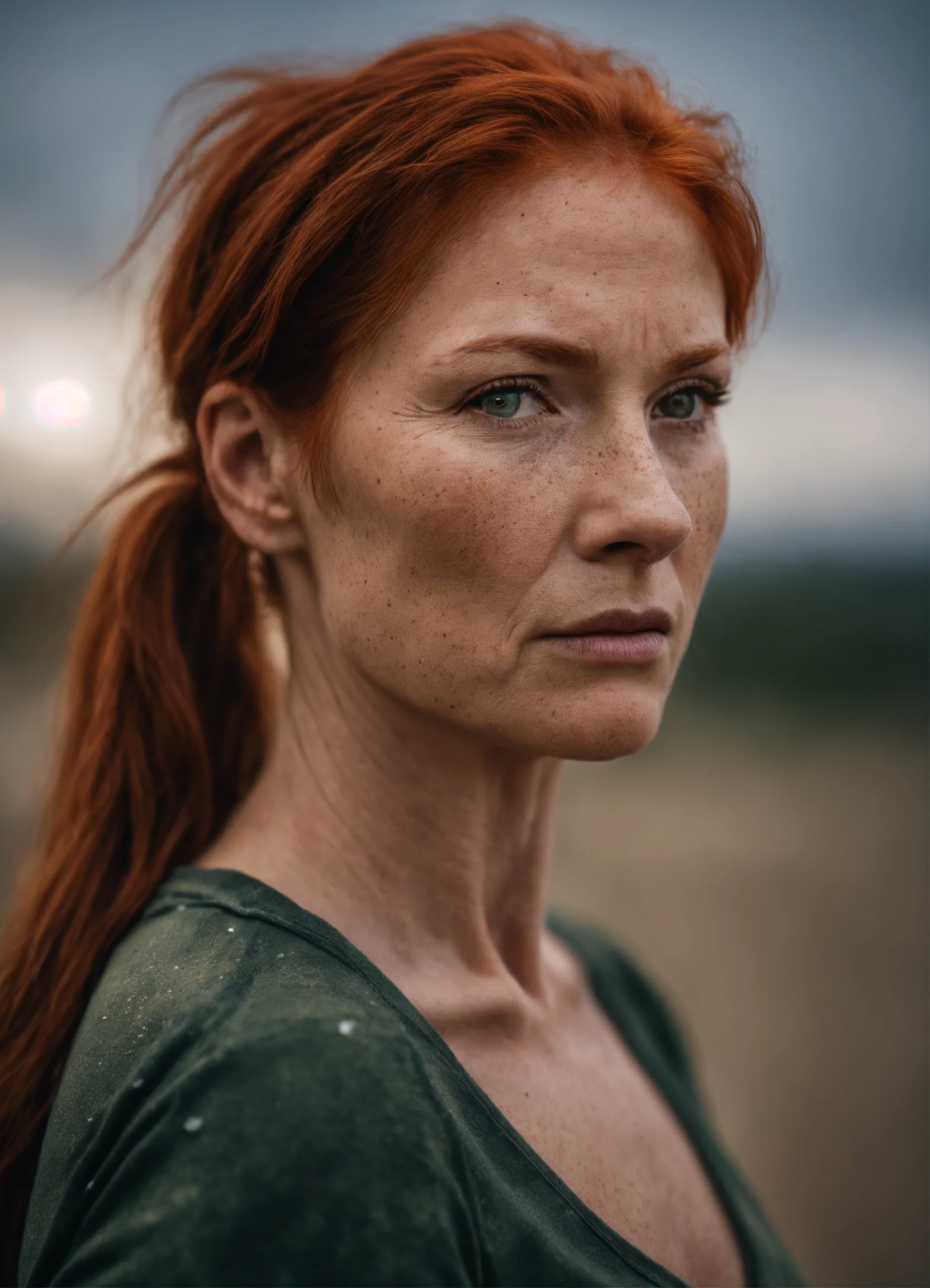 Lexica - Photo of a 50 years old redhead with brown shiny eyes, red hair in  a ponytail, deeply depressed expression, rounded cheeks with some freckle...