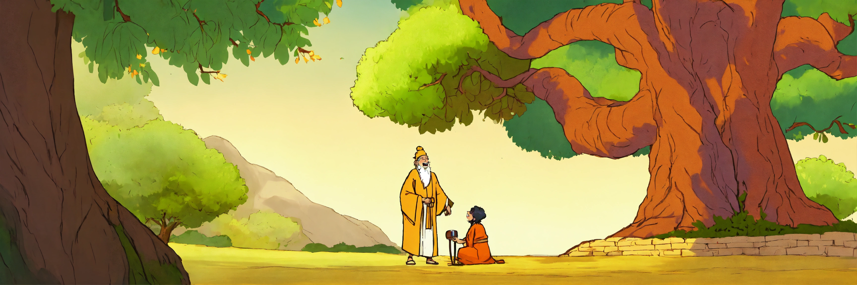 Lexica - An image of Ramu meeting a wise old sage dressed in saffron ...