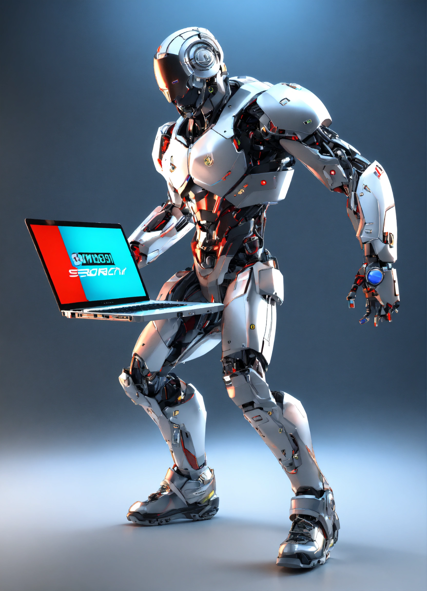 Lexica - Cyborg, 3d, full body, hold laptop, fun, screaming