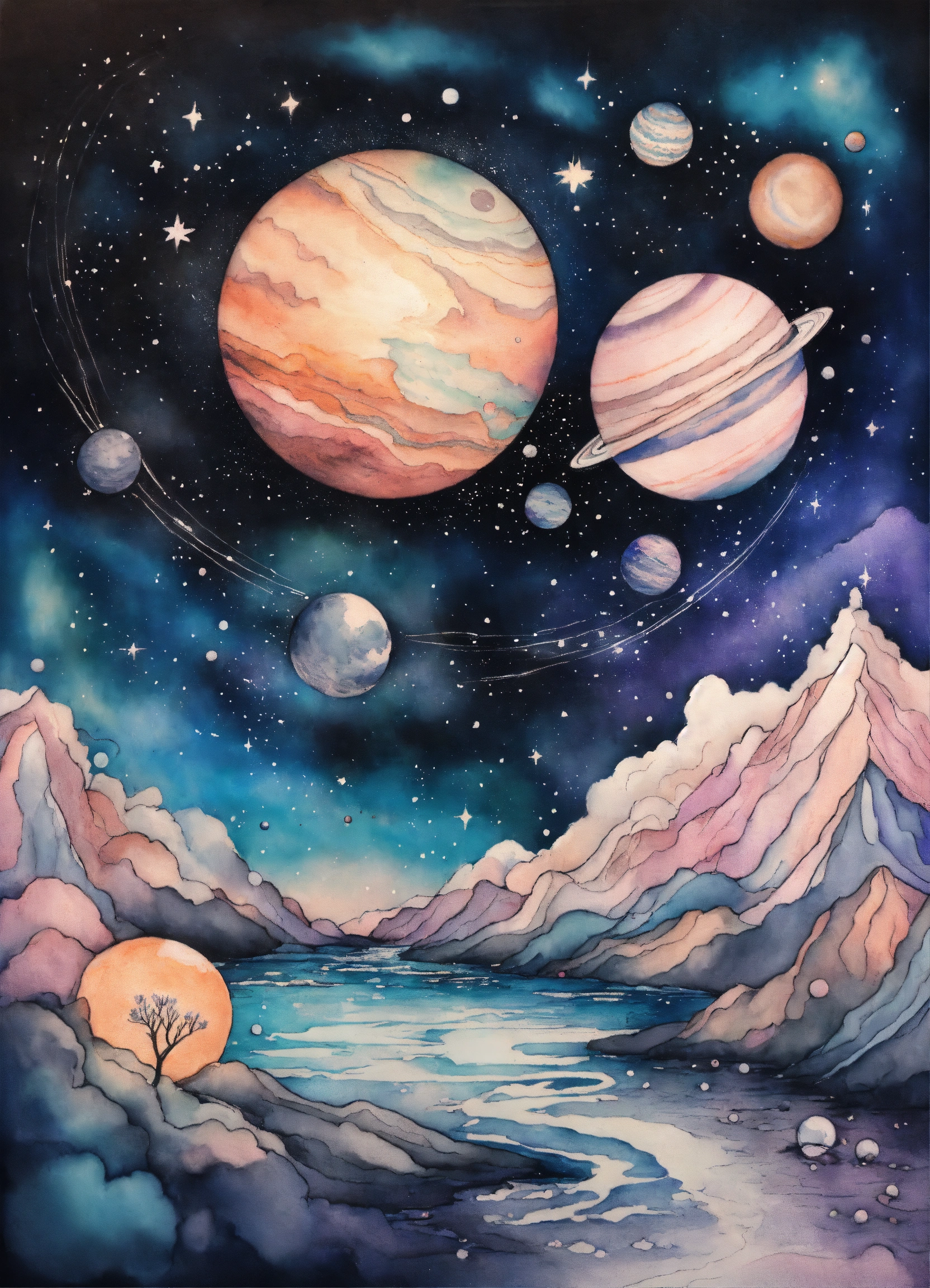 Lexica - Ink drawing tattoo style image of planets and stars ...