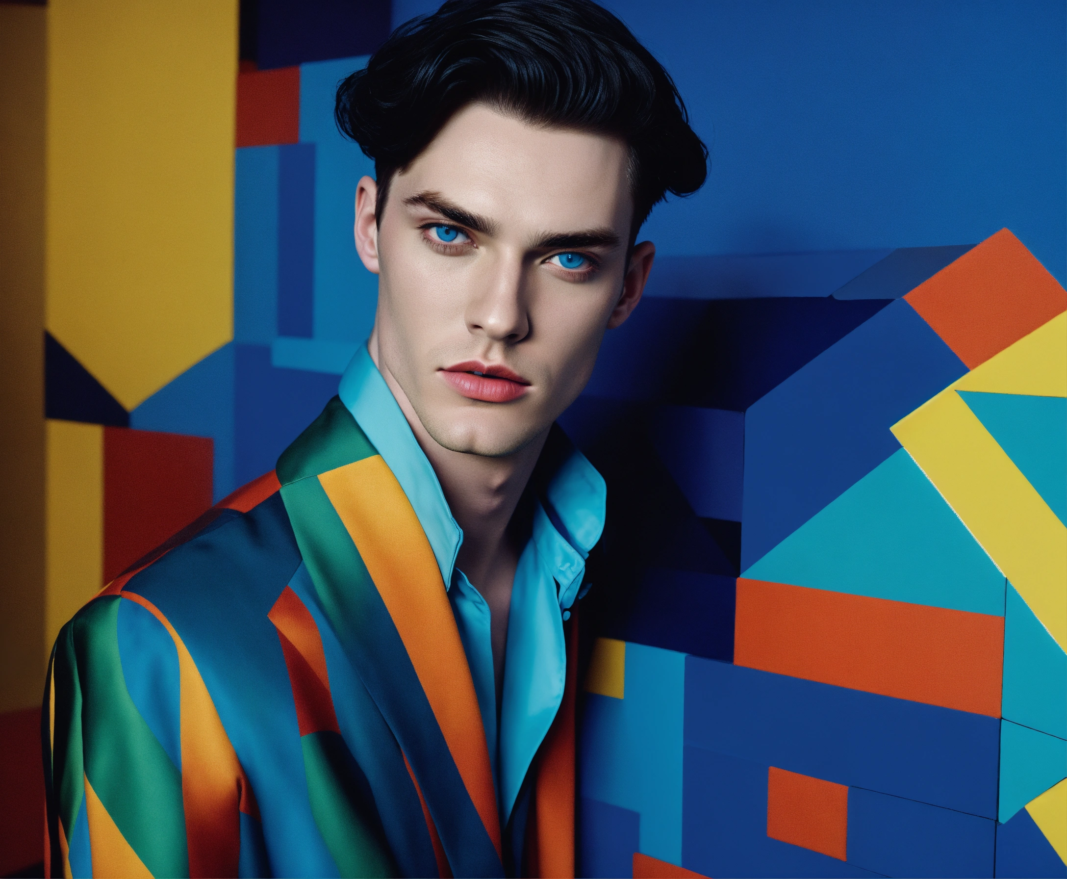 Lexica - Handsome male model,pale skin, black hair , blue eyes , glasgow  interior, editorial fashion , unusual colors , geometric shapes by MILES  ALD...