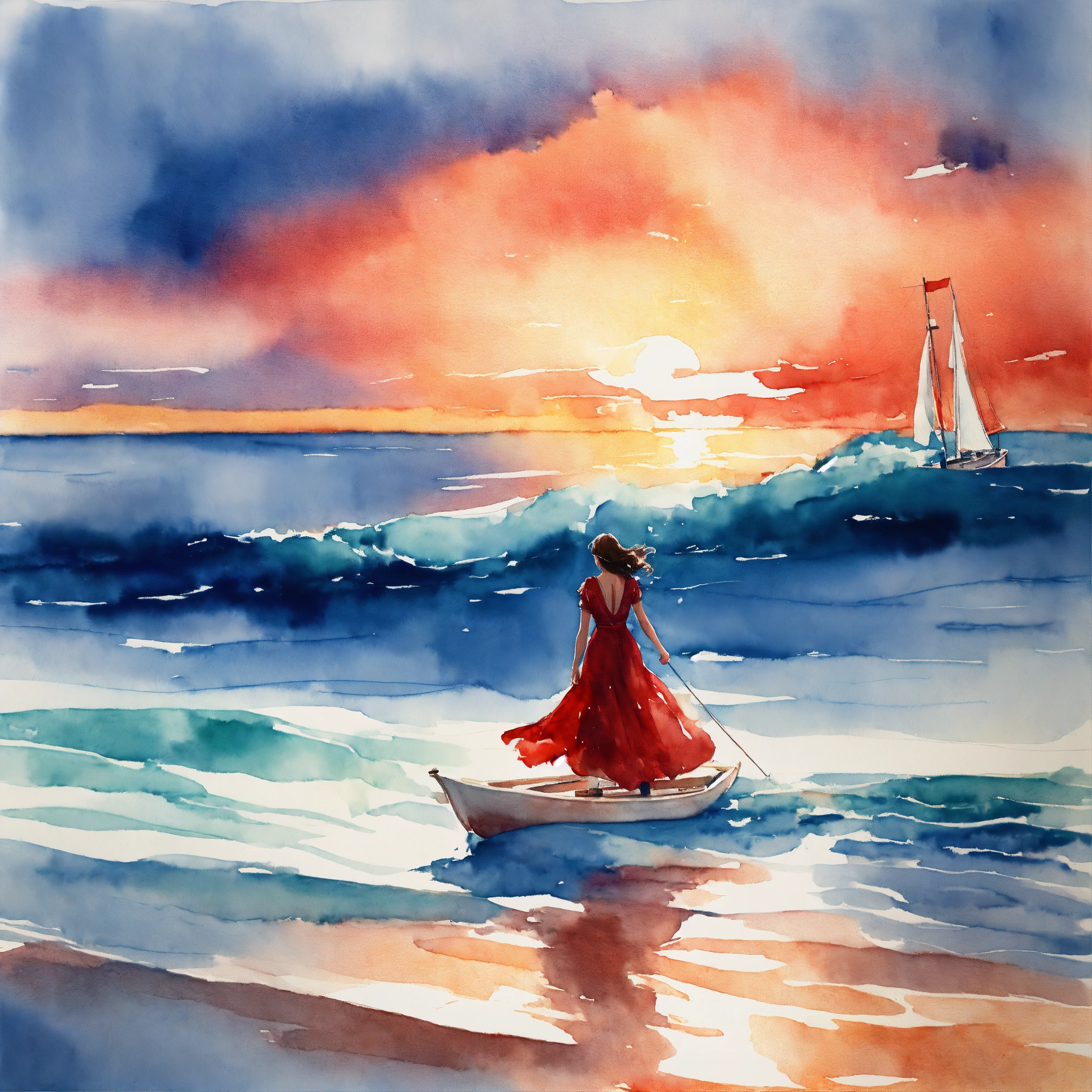 Lexica - Watercolor picture of a woman in long romantic blue dress ...