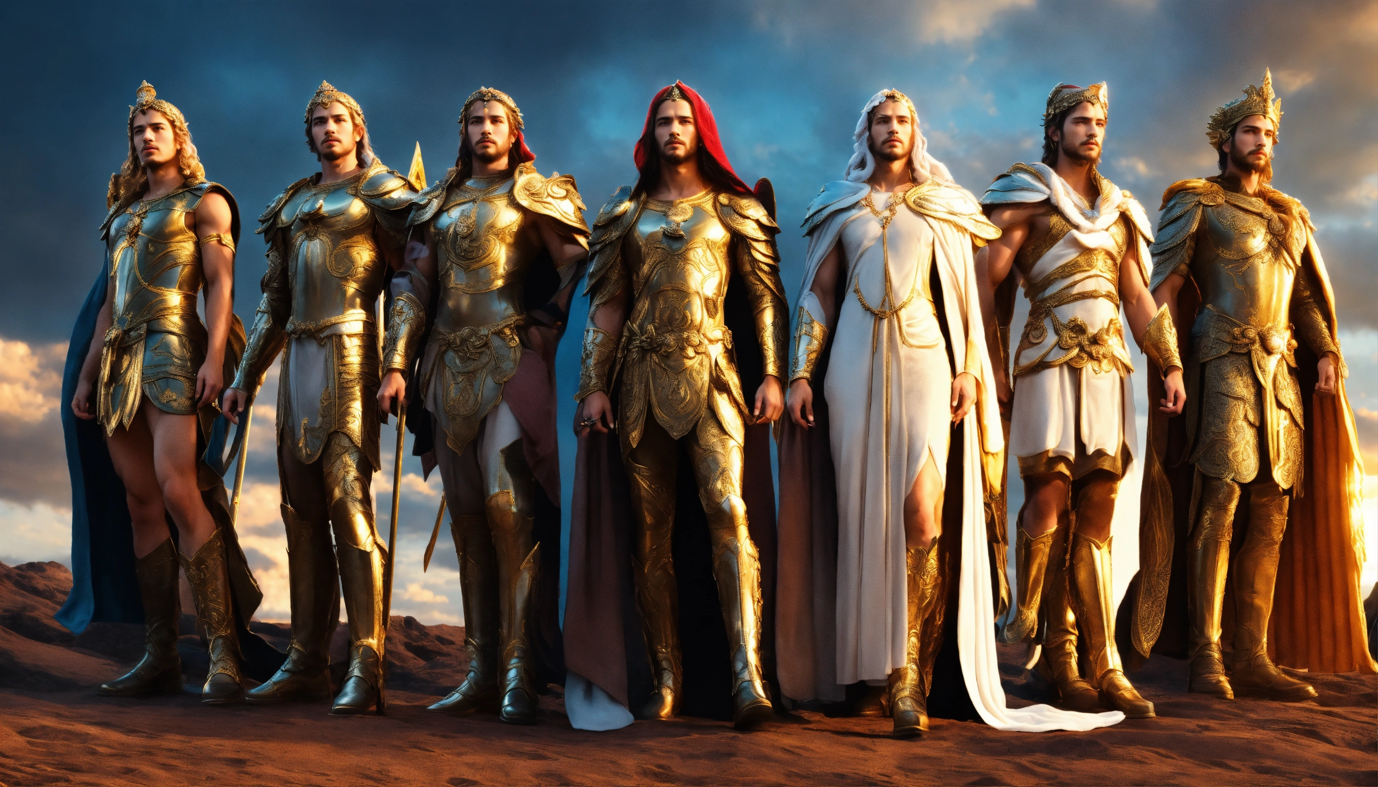 Lexica - 7 angelic gods standing side by side, majestic, sharp