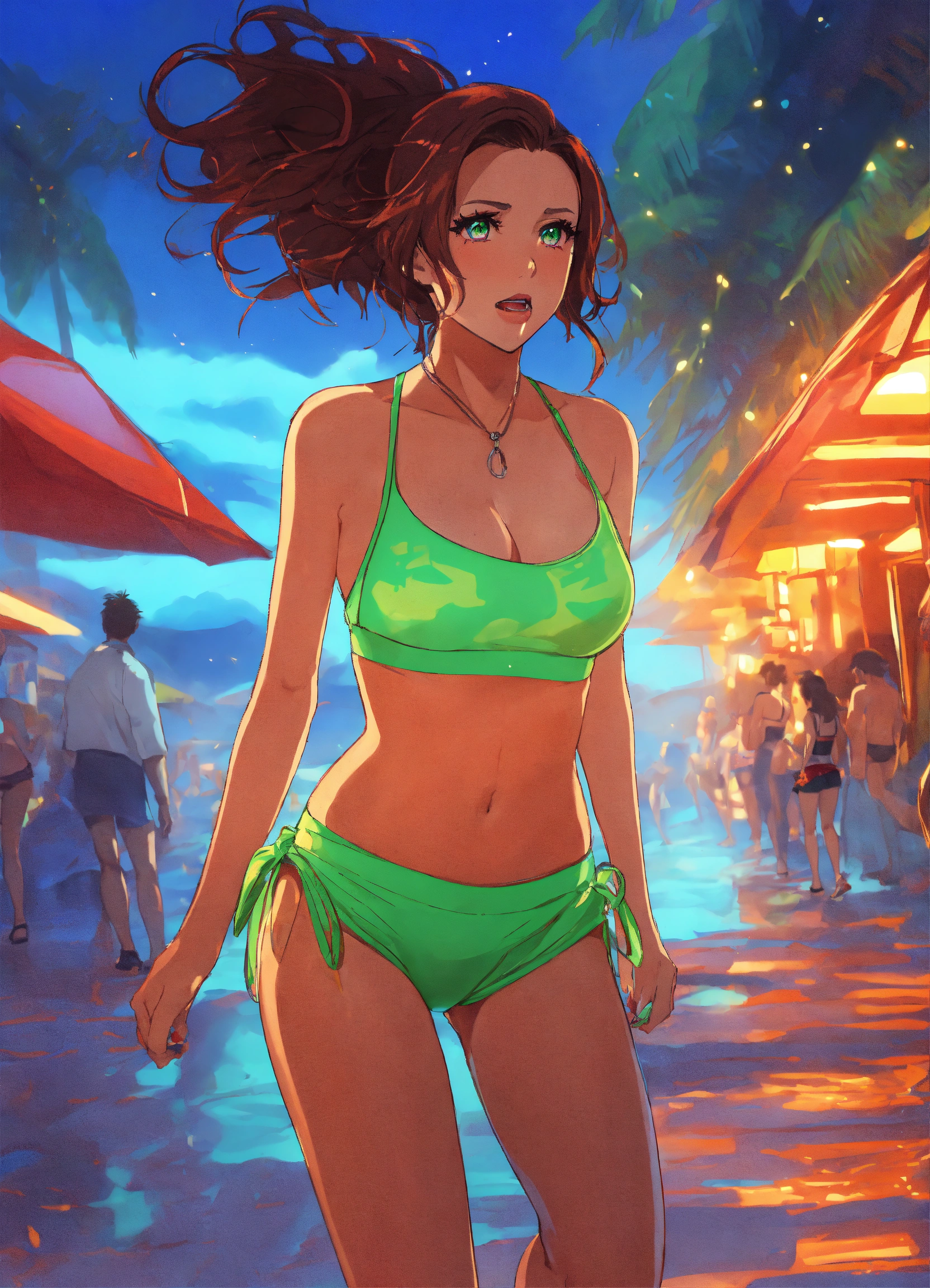 Lexica - Anime illustration Full body image of scared and afraid Lacey  Chabert looking behind her with neon green glowing eyes, running away  blowing ...